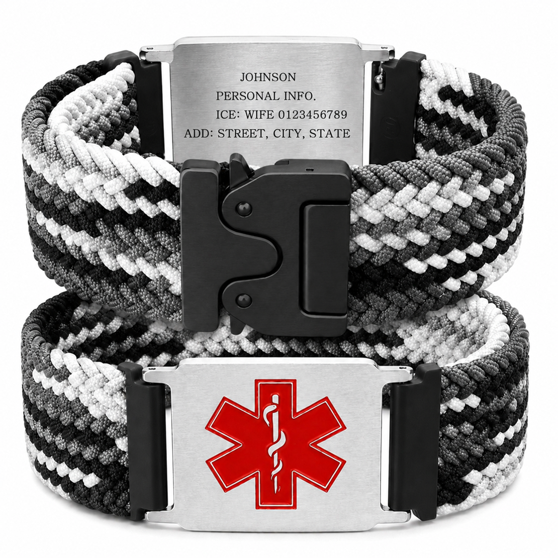 Uloveido Personalized Nylon Medical ID Bracelet with Laser-Engraved Medical Alert Tag and Dynamic QR Code, Braided Elastic Watch Band with Secure Parachute-Style Buckle, 20mm Adjustable for Men