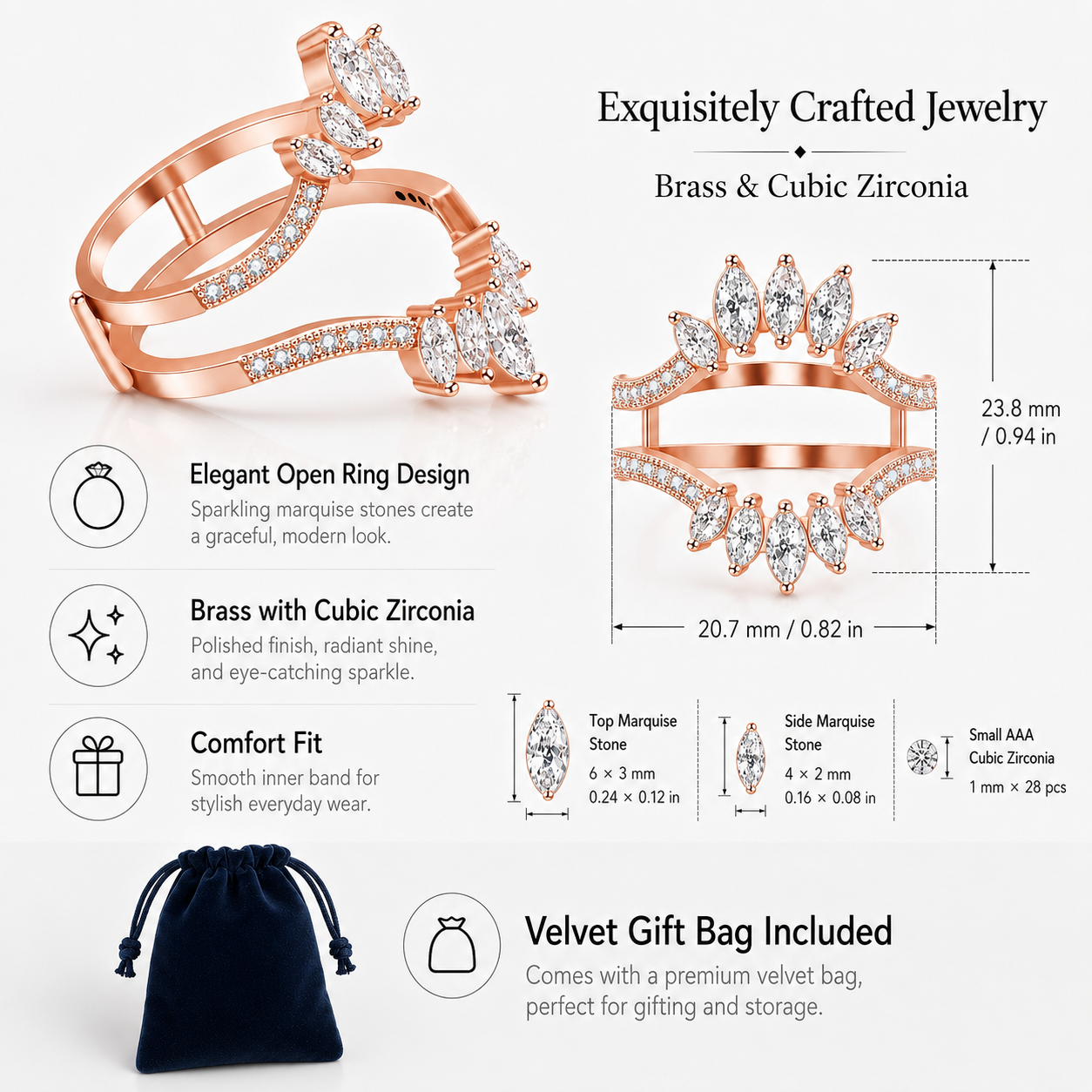 Uloveido Adjustable Wide Ring Guard Enhancer for Women | Rose Gold & White Gold Plated Brass Bridal Ring Wrap with AAA Cubic Zirconia | Wedding Engagement Promise Ring Insert Sizes 5-10