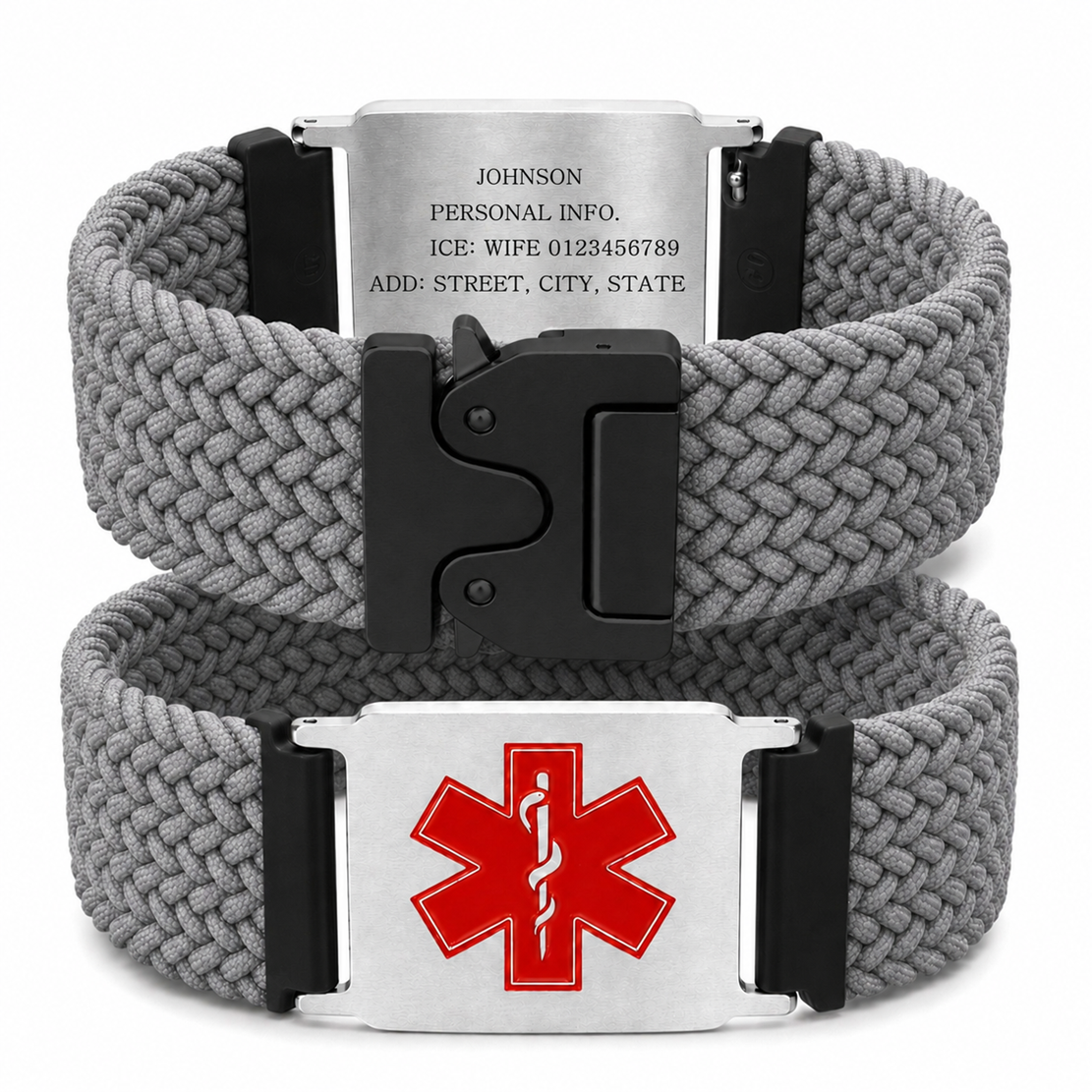 Uloveido Personalized Nylon Medical ID Bracelet with Laser-Engraved Medical Alert Tag and Dynamic QR Code, Braided Elastic Watch Band with Secure Parachute-Style Buckle, 20mm Adjustable for Men