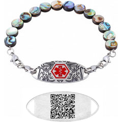 Dynamic QR Code Medical Alert Bracelet for Women | Round Abalone Shell Beads & Stainless Steel ID | Scan to Edit Emergency Info, Allergy & Diabetes ID Jewelry, Double Lobster Clasp, Adjustable