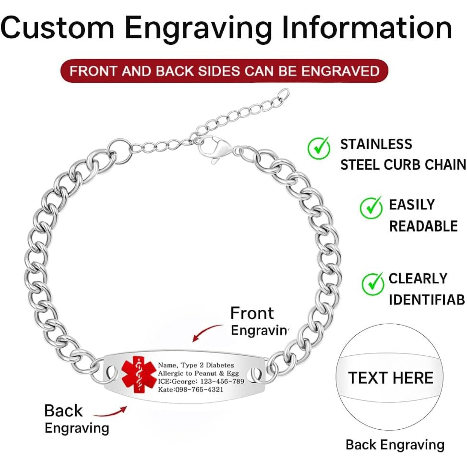 Uloveido Custom Medical ID Bracelet for Men Women | Personalized Engraved Stainless Steel Curb Link Chain Bracelet | Emergency Alert Health Info Jewelry Adjustable 20-25cm