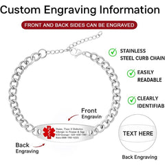 Uloveido Custom Medical ID Bracelet for Men Women | Personalized Engraved Stainless Steel Curb Link Chain Bracelet | Emergency Alert Health Info Jewelry Adjustable 20-25cm