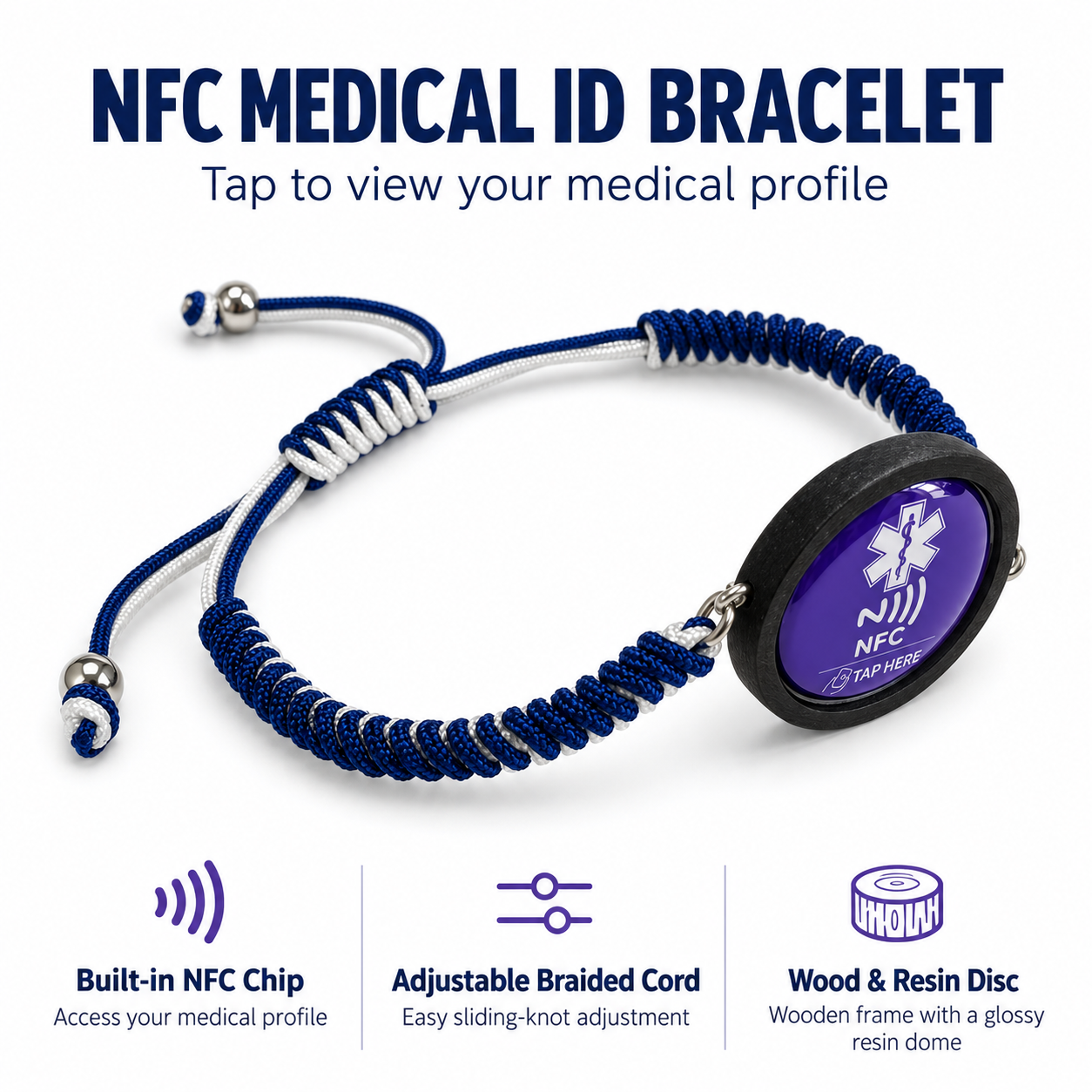 NFC Medical Alert Bracelet, Editable Medical ID, Adjustable Braided Wristband, Wooden Medical Bracelet for Women and Men
