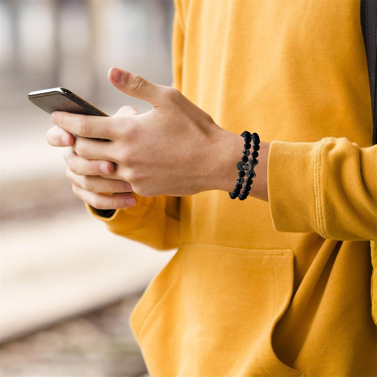 Men’s Elastic Skull Bracelet 2 Piece Set | 8mm Black Obsidian Beaded Skeleton Bracelet | Healing Energy Jewelry Gift for Him