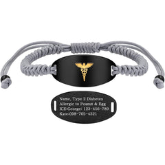 Adjustable Gray Braided Medical Alert Bracelet for Men Women, Dynamic QR Code or Custom Engraved ID Plate, Silver or Black Stainless Steel Emergency Contact Bracelet with Golden Medical Symbol
