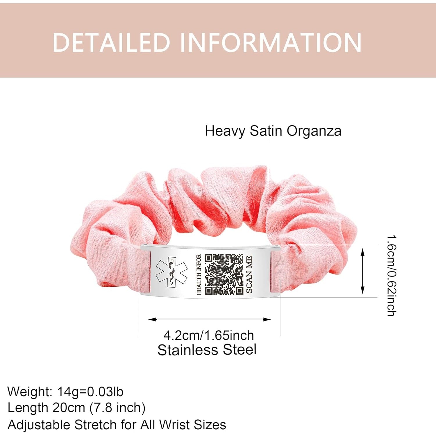 Dynamic QR Code Medical Alert Scrunchie Bracelet for Women, Editable Fabric Medical ID Wristband, Scan to Update Emergency & Health Information Without Login, Elastic Hair Tie Style, YA5426