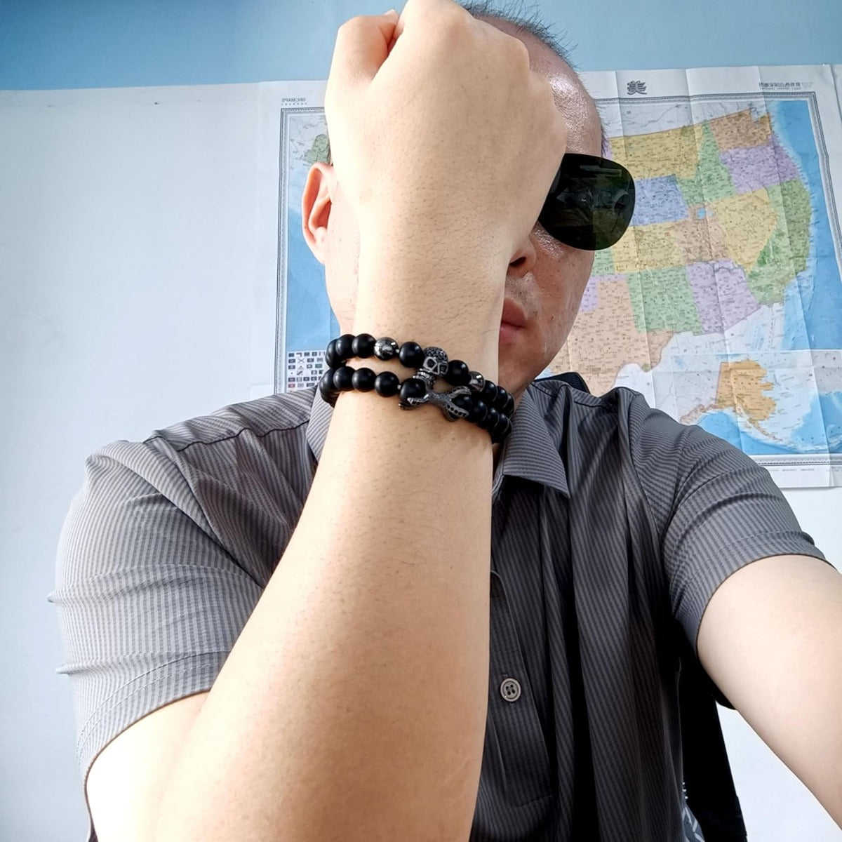 Men’s Elastic Skull Bracelet 2 Piece Set | 8mm Black Obsidian Beaded Skeleton Bracelet | Healing Energy Jewelry Gift for Him