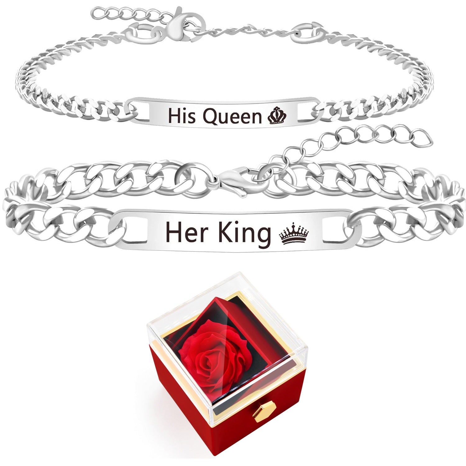Uloveido 2PCS Personalized Couple Chain Bracelets, Custom Engraved Stainless Steel His and Hers Matching Bracelets for Men Women, Adjustable Jewelry Gift with Rose Box YA5889