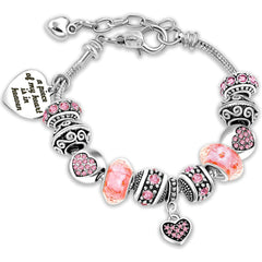 Personalized Pink Charm Bracelet for Women | Laser Engraved Heart Pendant Beaded Bracelet | Custom Name European Style Jewelry Gift for Her