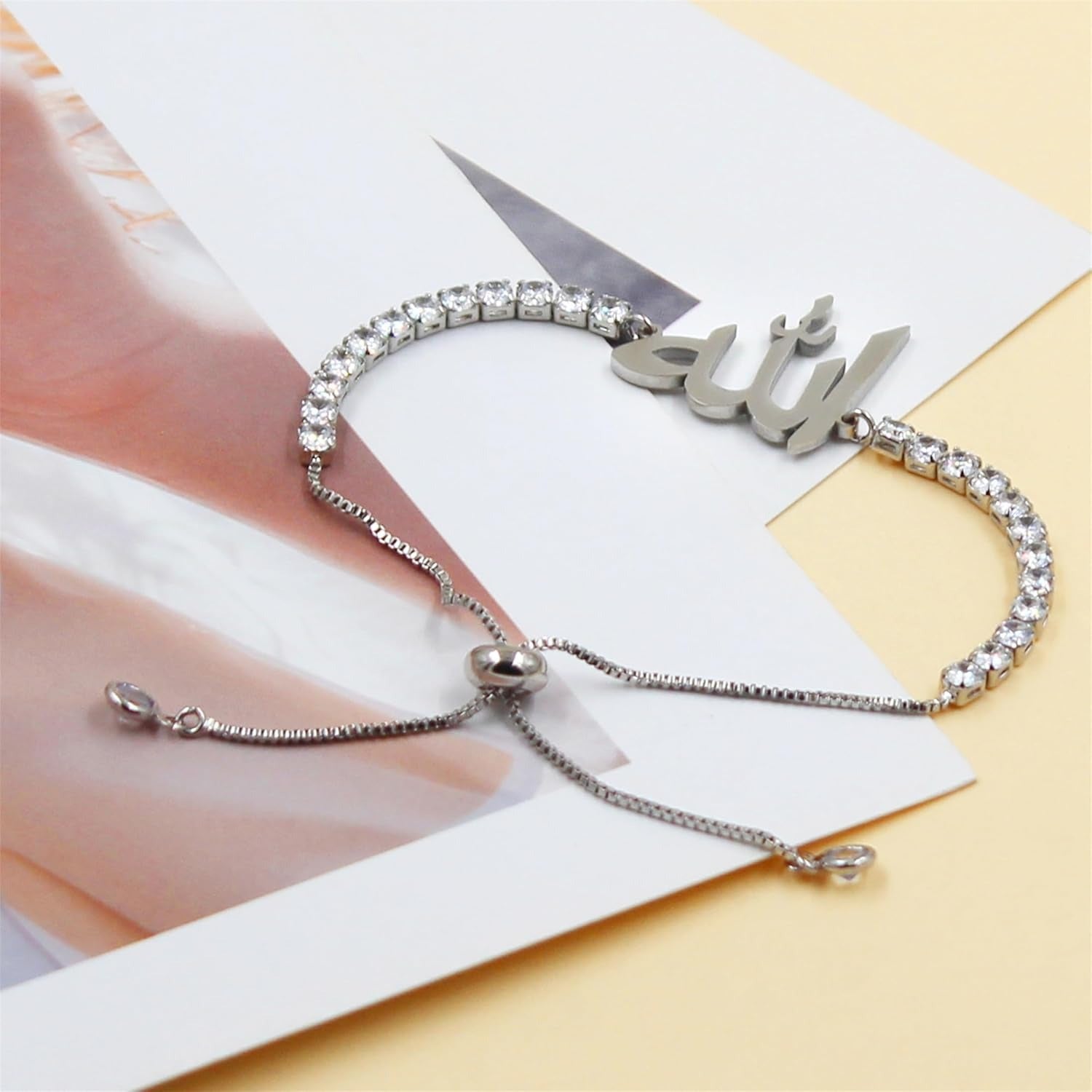 Arabic Allah Script Cubic Zirconia Tennis Bracelet for Women Stainless Steel Adjustable Islamic Faith Jewelry Sparkling Muslim Bracelet Elegant Religious Gift for Mom Wife Sister Daughter Ramadan Eid