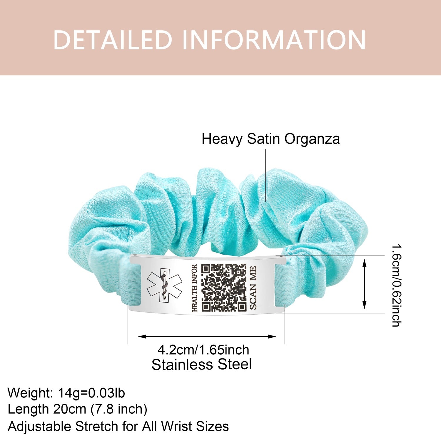 Dynamic QR Code Medical Alert Scrunchie Bracelet for Women, Editable Fabric Medical ID Wristband, Scan to Update Emergency & Health Information Without Login, Elastic Hair Tie Style, Blue