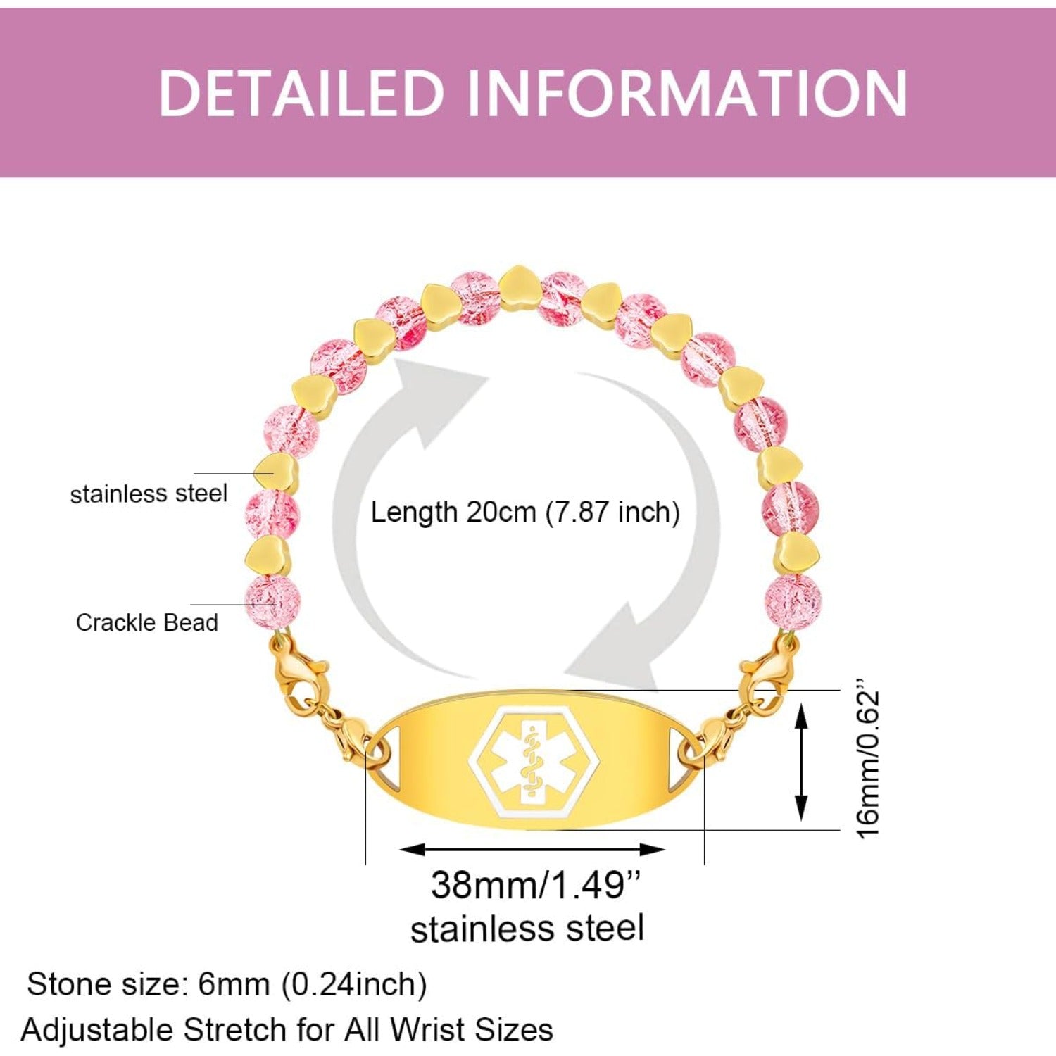 Stainless Steel Medical Alert Bracelet for Women 18K Gold Plated Tarnish Resistant | Laser Engraved or Dynamic QR Code ID Bracelet | Green Pink Purple Crack Bead Heart Adjustable Jewelry