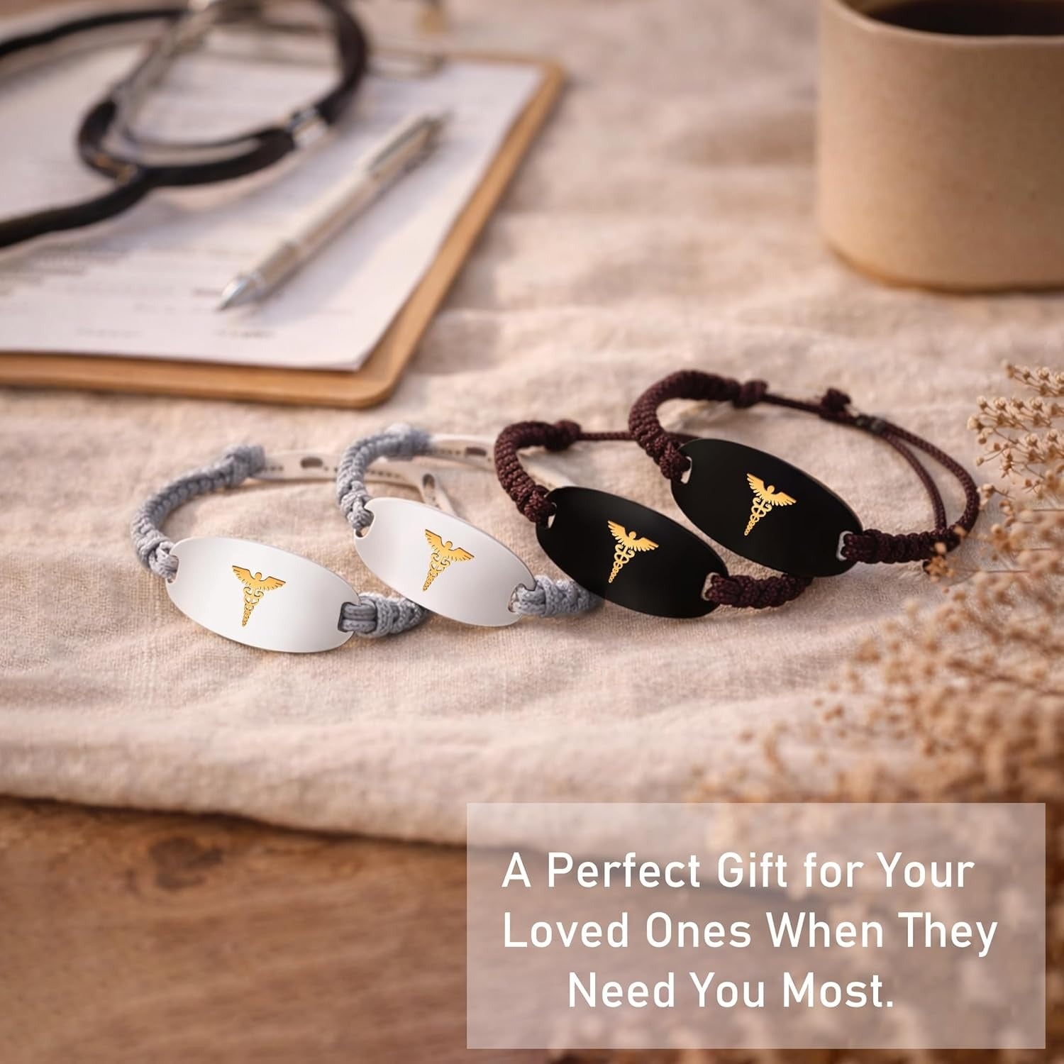 Adjustable Gray Braided Medical Alert Bracelet for Men Women, Dynamic QR Code or Custom Engraved ID Plate, Silver or Black Stainless Steel Emergency Contact Bracelet with Golden Medical Symbol