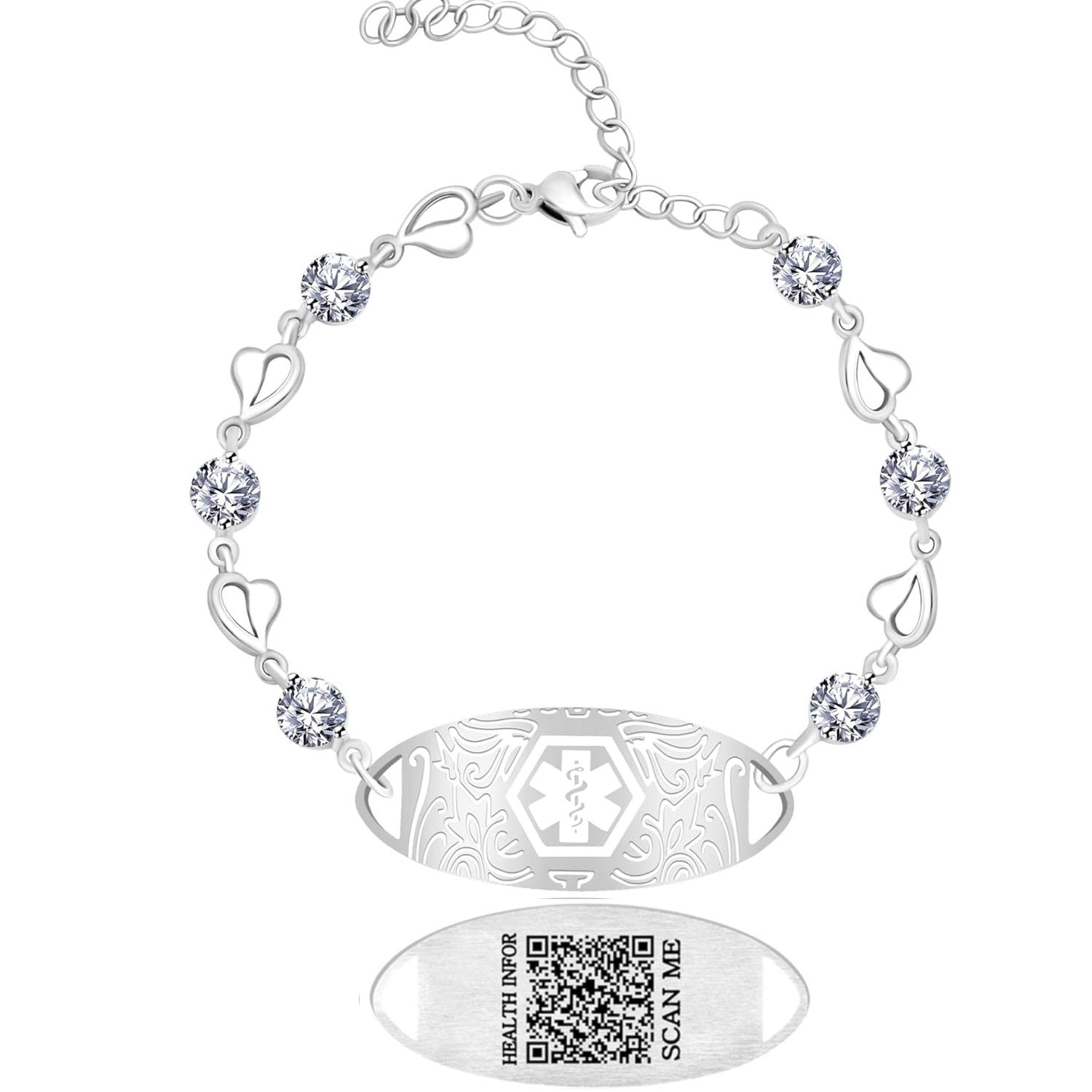 Uloveido Custom Medical ID Bracelet with White Cubic Zirconia | Elegant Floral Enamel Design | Adjustable QR Code & Engraved Emergency Contact EMS Bracelet for Women and Travelers