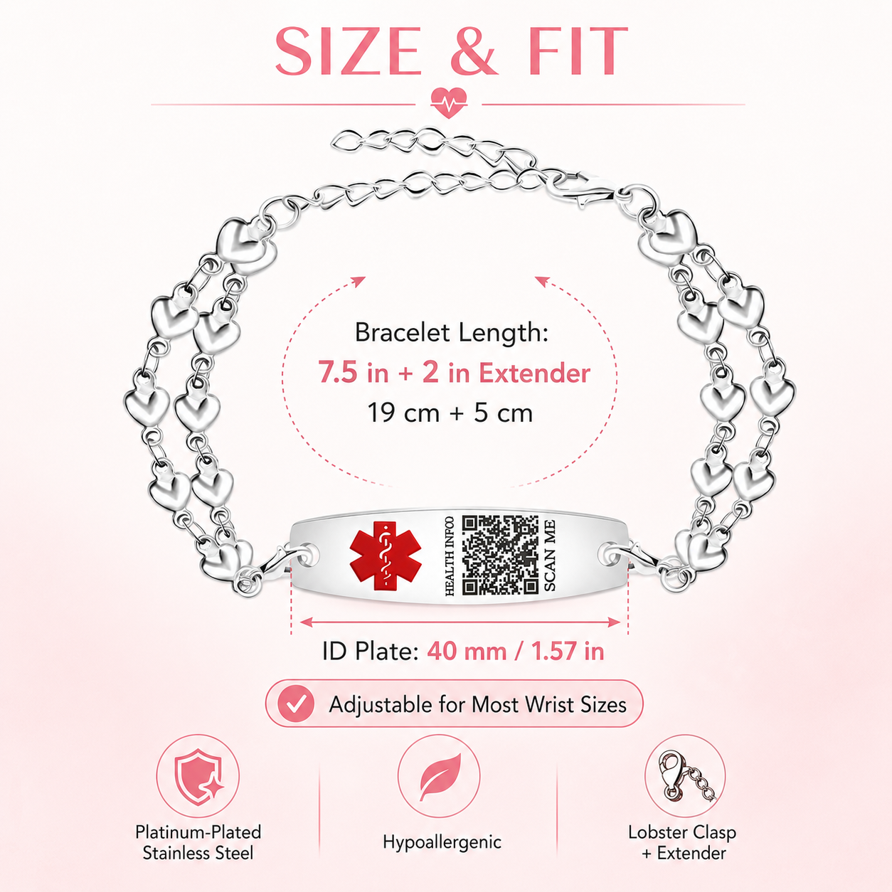 Uloveido Heart Medical ID Bracelet for Women, Double Chain Stainless Steel Emergency Info Wristband, Dynamic QR Code or Personalized Engraving, Adjustable Safety Jewelry for Daily Wear