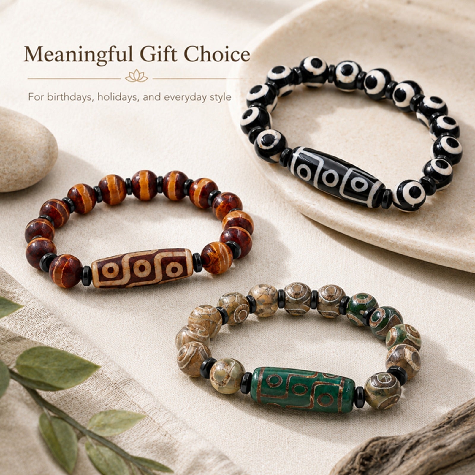 Dzi Bead Tibetan Bracelet for Men Women | Nine Eye Dzi Agate Beaded Bracelet with Hematite Spacers | Feng Shui Buddhist Meditation Amulet Adjustable Style Jewelry Brown Green Black YA5102