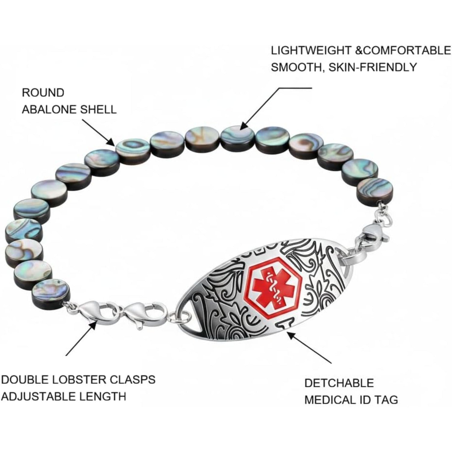 Dynamic QR Code Medical Alert Bracelet for Women | Round Abalone Shell Beads & Stainless Steel ID | Scan to Edit Emergency Info, Allergy & Diabetes ID Jewelry, Double Lobster Clasp, Adjustable