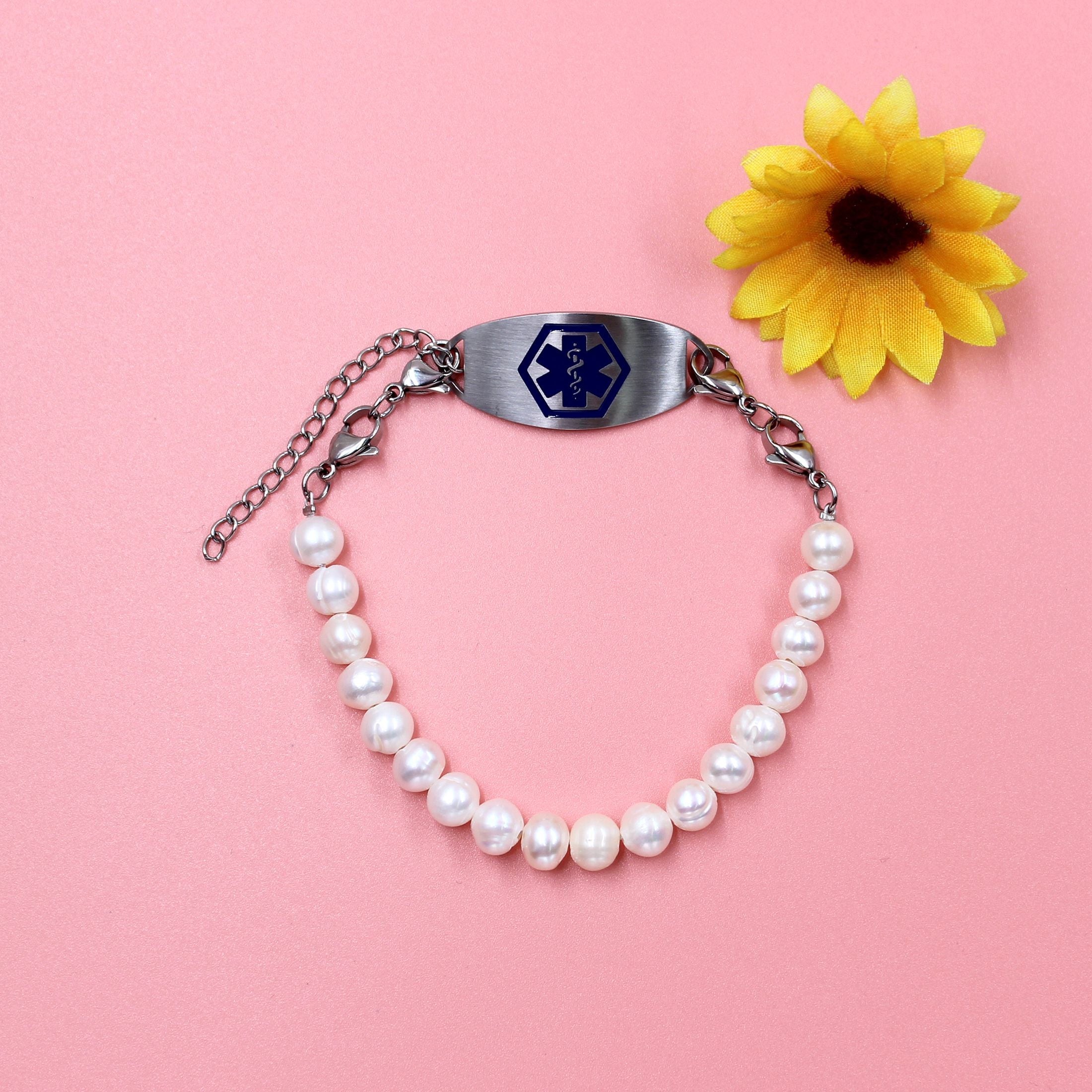White Freshwater Pearl Double Layer QR Code Medical Alert Bracelet – Blue Medical ID Bracelet with Interchangeable Plate, Dual Lobster Clasp, Editable Dynamic QR Emergency Jewelry for Women YA6293