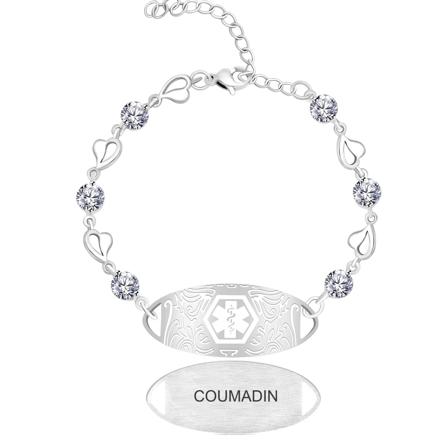 Uloveido Custom Medical ID Bracelet with White Cubic Zirconia | Elegant Floral Enamel Design | Adjustable QR Code & Engraved Emergency Contact EMS Bracelet for Women and Travelers