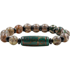 Dzi Bead Tibetan Bracelet for Men Women | Nine Eye Dzi Agate Beaded Bracelet with Hematite Spacers | Feng Shui Buddhist Meditation Amulet Adjustable Style Jewelry Brown Green Black YA5102