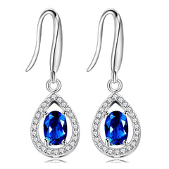 925 Sterling Silver Teardrop Earrings Oval Cut Blue Sapphire Birthstone Wedding Anniversary Jewelry Gifts FR027 (Sapphire)