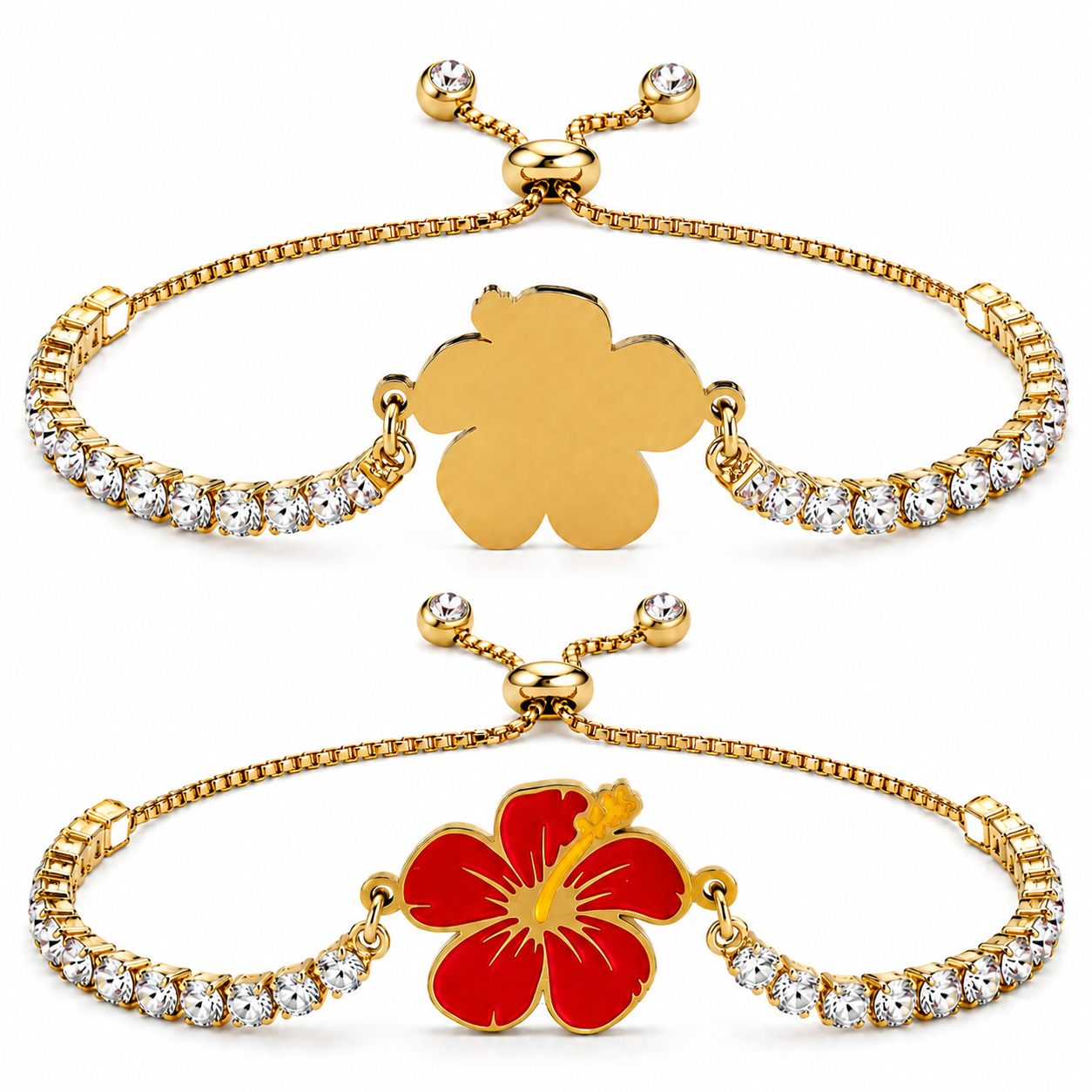 Hibiscus Flower Tennis Bracelet for Women | Gold Plated Stainless Steel Cubic Zirconia Adjustable Slide Clasp Bracelet | Red & Purple Enamel Floral Jewelry Gift
