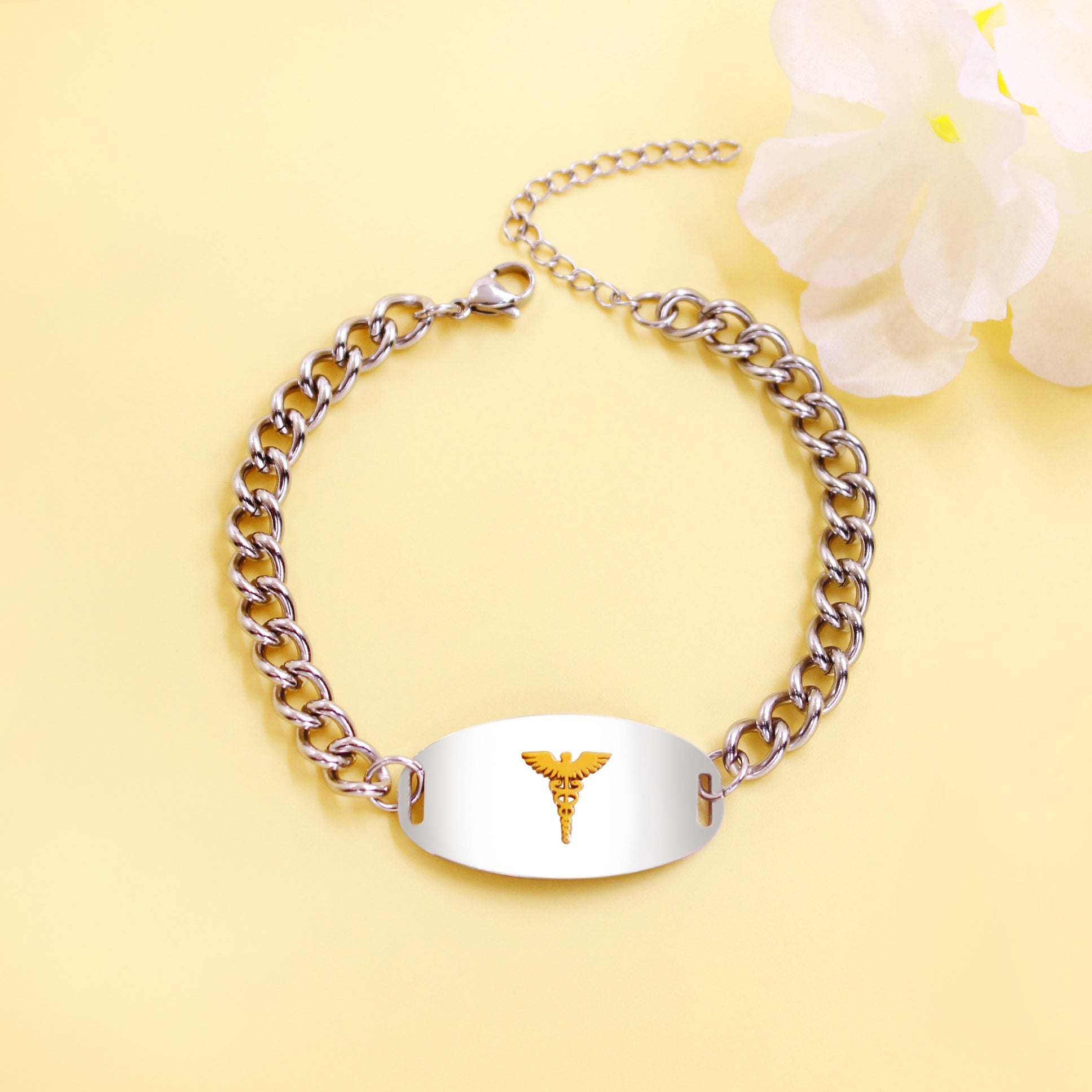 Stainless Steel Medical Alert Bracelet with Golden Caduceus Symbol Men Women | Laser Engraved or Dynamic QR Code Medical ID Bracelet | Adjustable Chain Emergency Contact Allergy ID Jewelry Black White