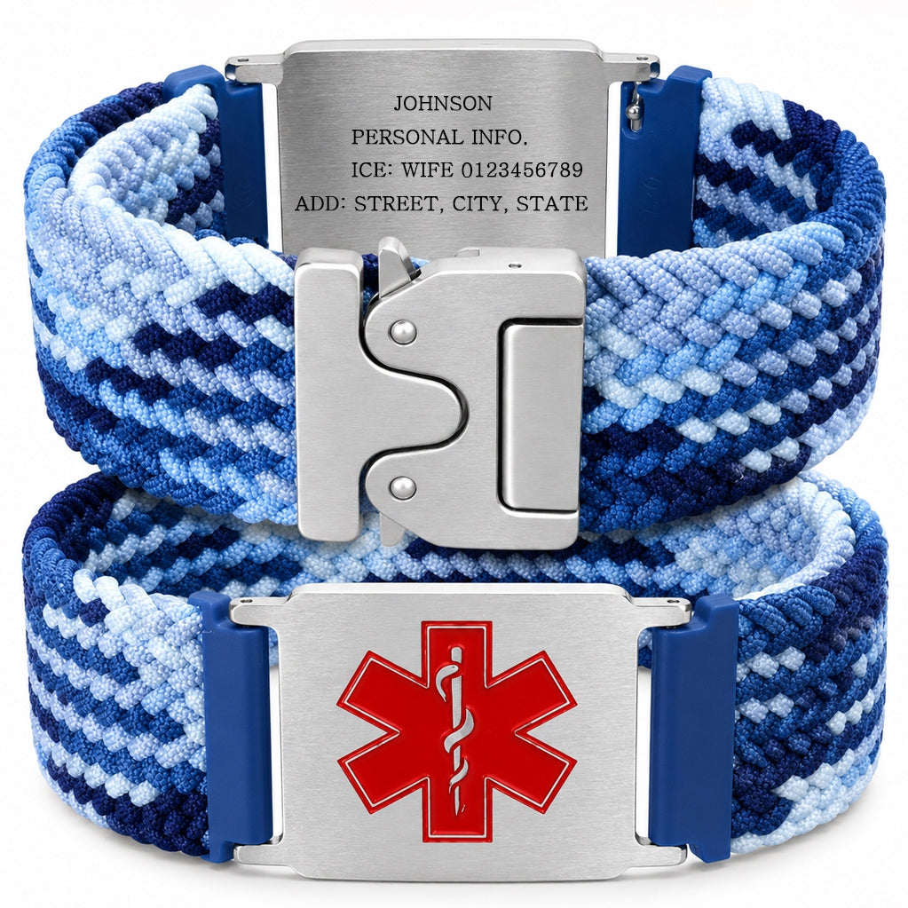 Uloveido Personalized Nylon Medical ID Bracelet with Laser-Engraved Medical Alert Tag and Dynamic QR Code, Braided Elastic Watch Band with Secure Parachute-Style Buckle, 20mm Adjustable for Men