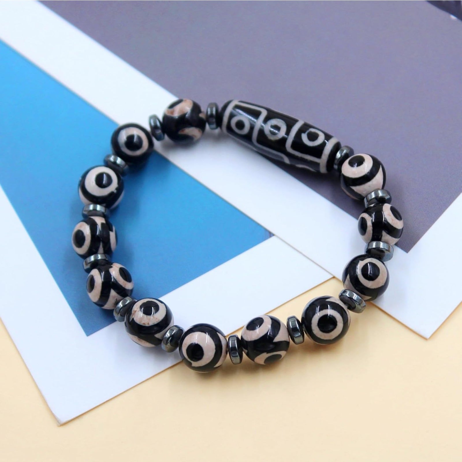 Dzi Bead Tibetan Bracelet for Men Women | Nine Eye Dzi Agate Beaded Bracelet with Hematite Spacers | Feng Shui Buddhist Meditation Amulet Adjustable Style Jewelry Brown Green Black YA5102