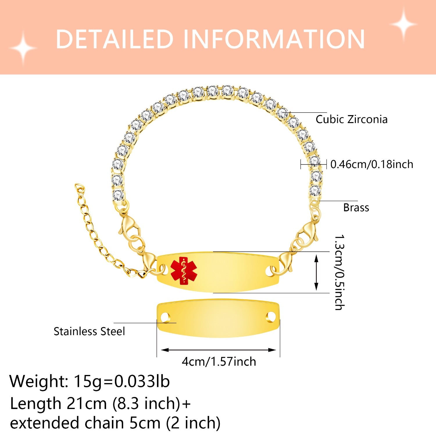 Editable QR Code Medical Alert Bracelet, 18K Gold Plated Stainless Steel Rhinestone Emergency ID Bracelet with Red Medical Symbol, Double Lobster Clasp, Scan to Update Health Info