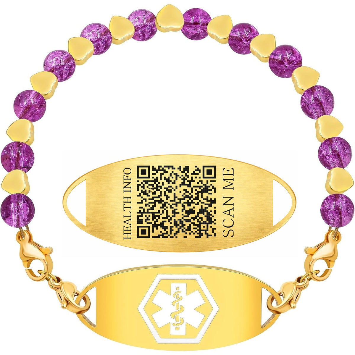 Stainless Steel Medical Alert Bracelet for Women 18K Gold Plated Tarnish Resistant | Laser Engraved or Dynamic QR Code ID Bracelet | Green Pink Purple Crack Bead Heart Adjustable Jewelry