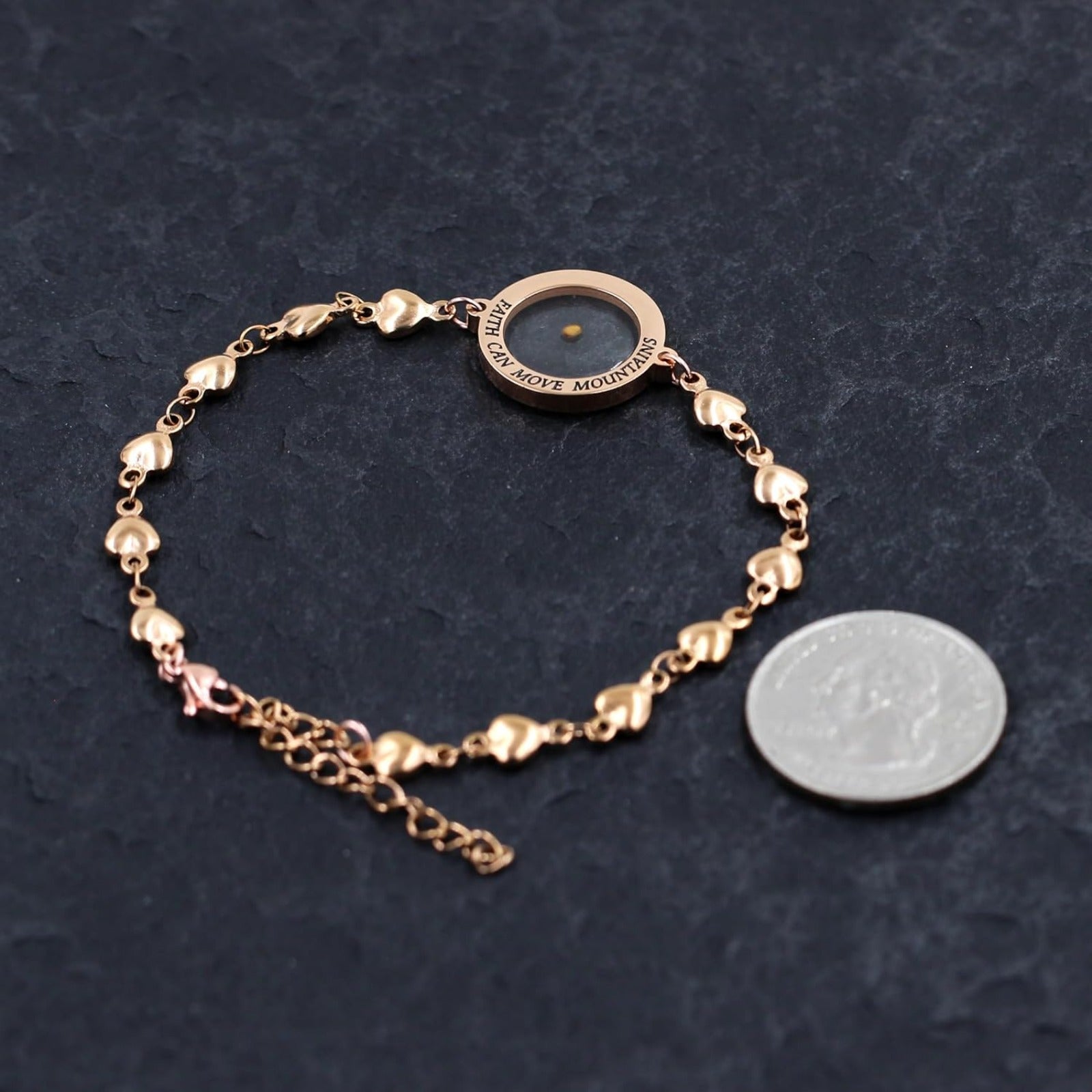 Rose Gold Stainless Steel Faith Can Move Mountains Bracelet with Heart Link Chain, Mustard Seed Charm Inspirational Jewelry