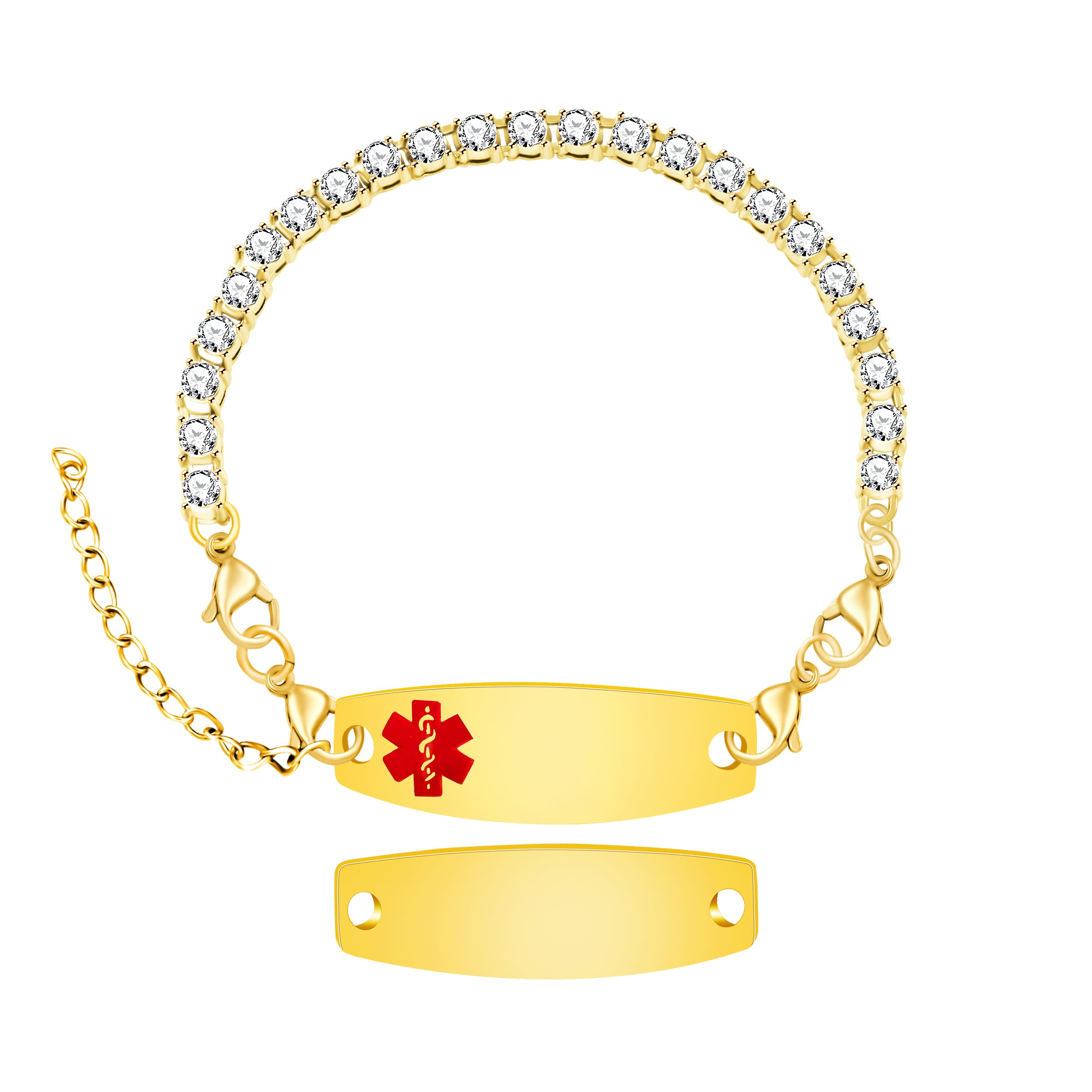 Editable QR Code Medical Alert Bracelet, 18K Gold Plated Stainless Steel Rhinestone Emergency ID Bracelet with Red Medical Symbol, Double Lobster Clasp, Scan to Update Health Info