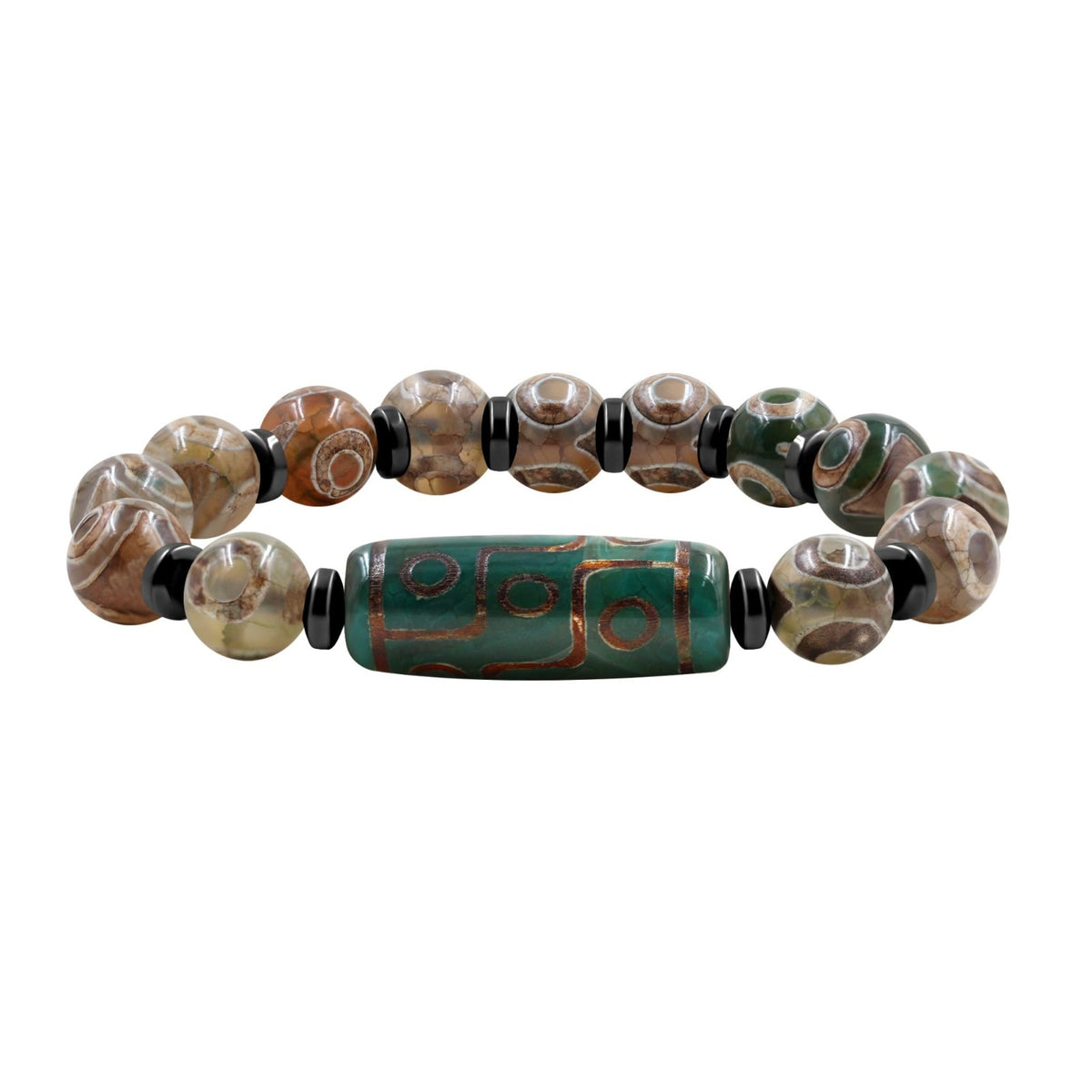 Dzi Bead Tibetan Bracelet for Men Women | Nine Eye Dzi Agate Beaded Bracelet with Hematite Spacers | Feng Shui Buddhist Meditation Amulet Adjustable Style Jewelry Brown Green Black YA5102