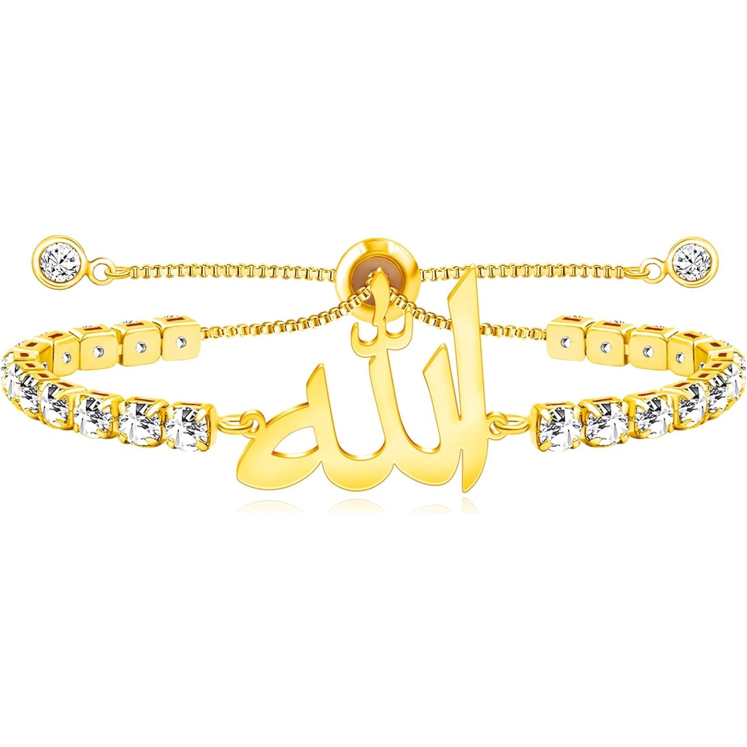 Arabic Allah Script Cubic Zirconia Tennis Bracelet for Women Stainless Steel Adjustable Islamic Faith Jewelry Sparkling Muslim Bracelet Elegant Religious Gift for Mom Wife Sister Daughter Ramadan Eid