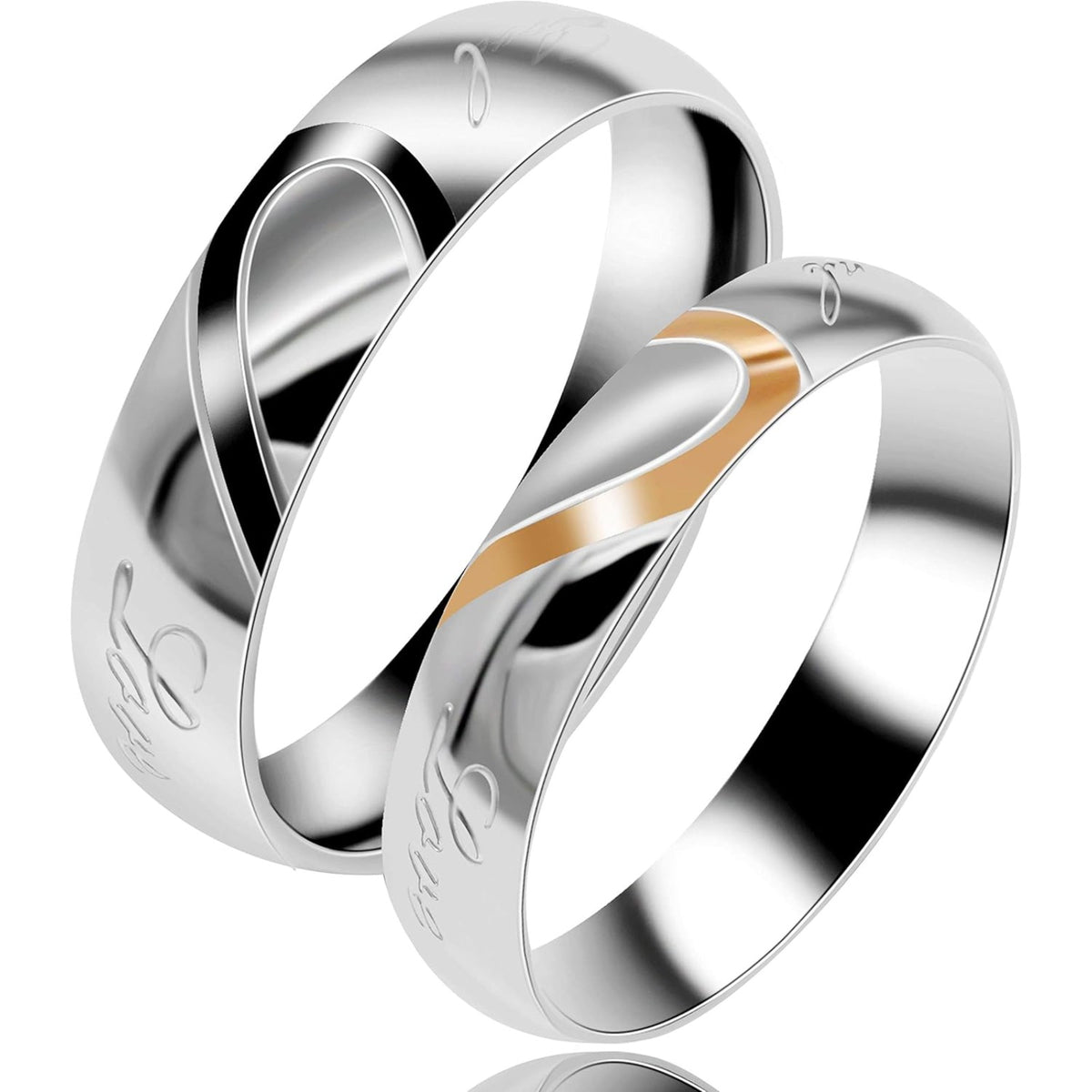 Matching Couple Rings Set for Him and Her, Stainless Steel Real Love Wedding Bands, Black Men Ring & Rose Gold Women Ring, Half Heart Promise Rings
