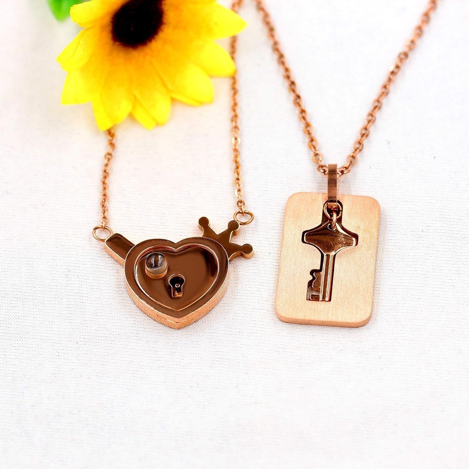 Personalized Stainless Steel Heart Lock & Key Necklace Set for Couples | 100 Languages I Love You Projection Jewelry | Custom Name Engraved Matching Pendant for Wedding Anniversary Gift