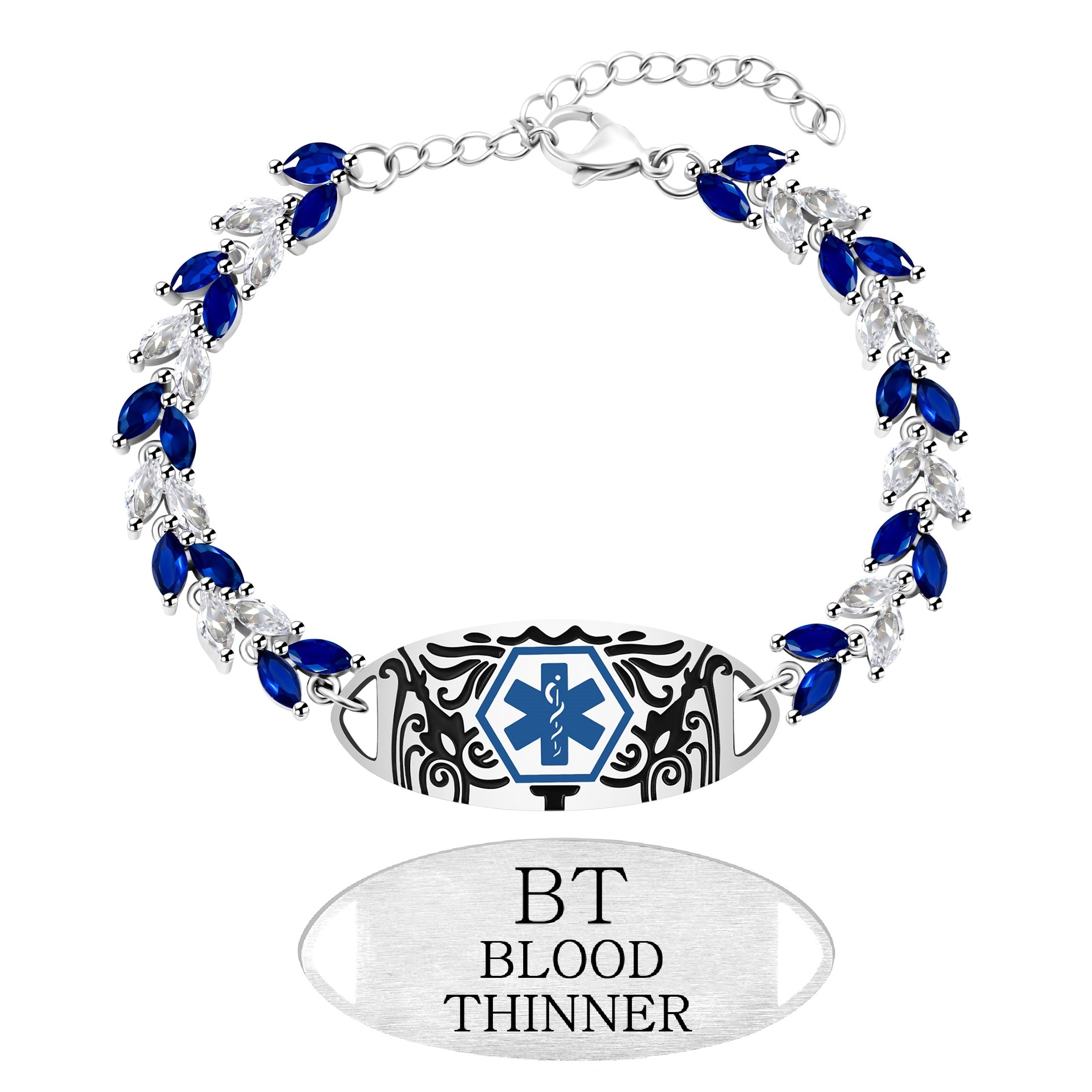 Uloveido Blue & White Leaf CZ Medical Alert Bracelet for Women | Dynamic QR Code or Custom Engraved ID Jewelry | Emergency Contact Allergy Health Info Stainless Steel & Copper Adjustable Wristband