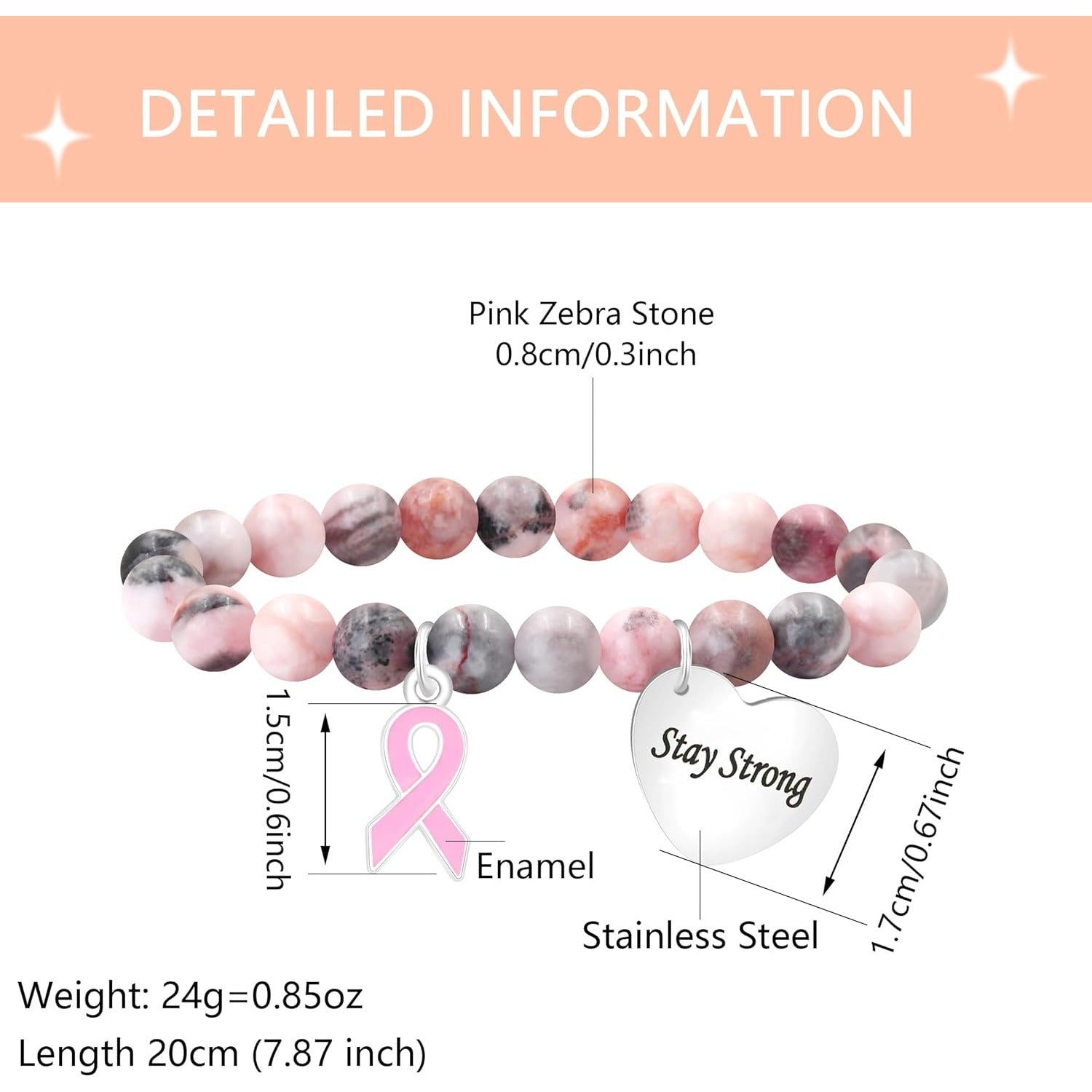Pink Zebra Jasper Breast Cancer Awareness Bracelet – Never Give Up Heart Charm & Pink Ribbon, Stretch Beaded Natural Stone Bracelet for Women, Inspirational Cancer Support Jewelry Gift