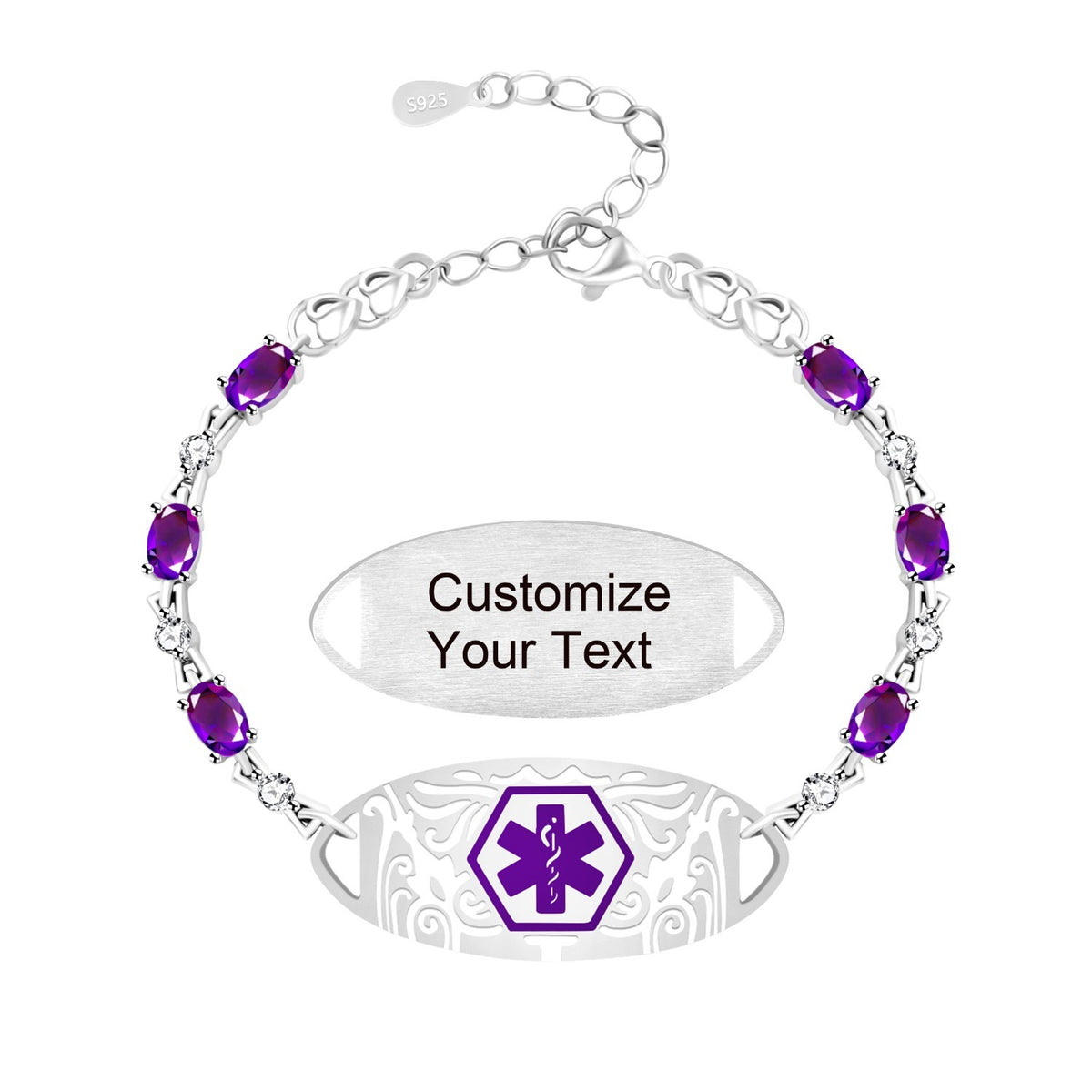 Purple Zirconia Medical Alert Bracelet for Women, Stainless Steel Medical ID Bracelet with Laser Engraved Custom Text, Lightweight Emergency Jewelry for Daily Sports Travel Wear