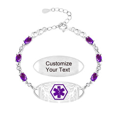 Purple Zirconia Medical Alert Bracelet for Women, Stainless Steel Medical ID Bracelet with Laser Engraved Custom Text, Lightweight Emergency Jewelry for Daily Sports Travel Wear