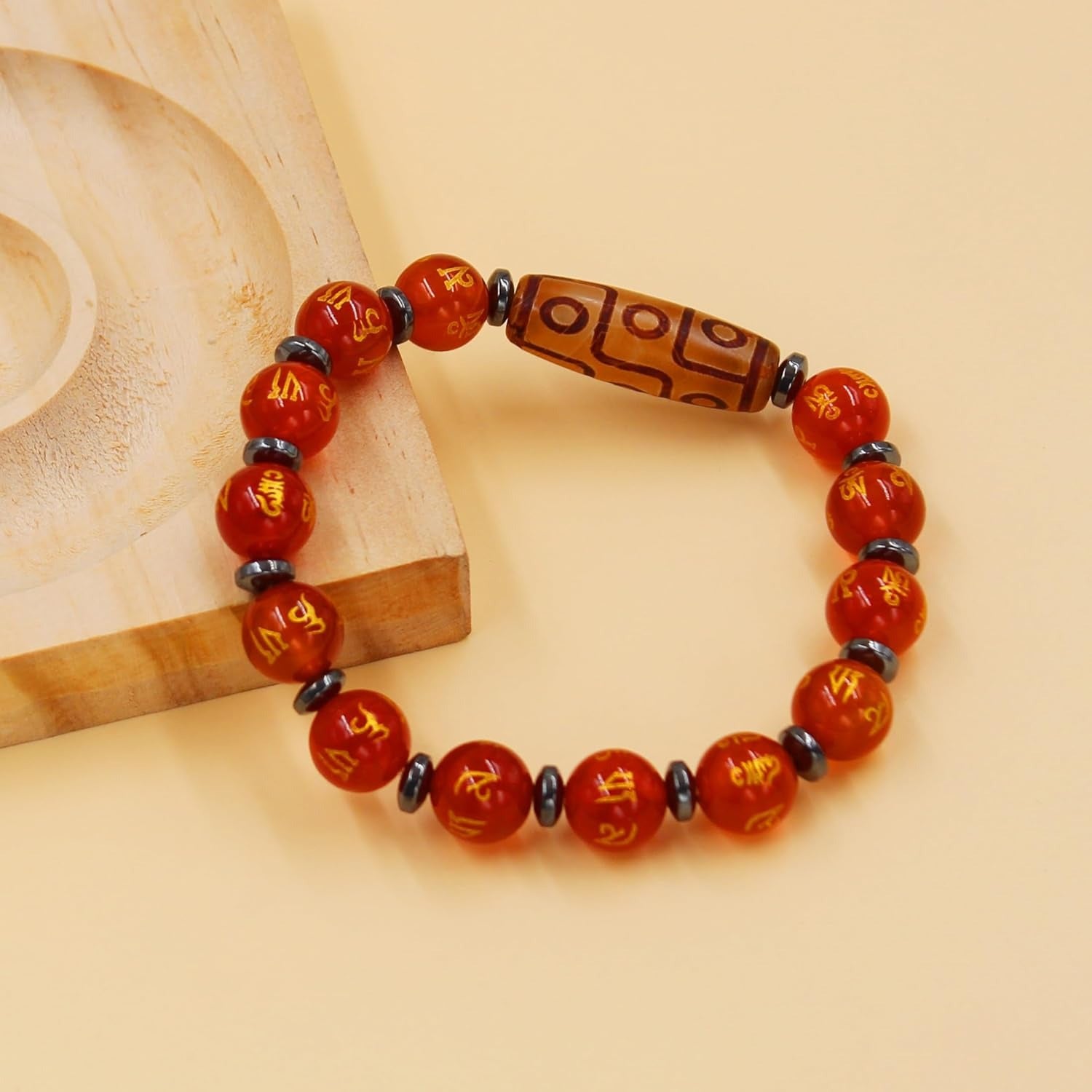 Nine Eyes Dzi Bead Bracelet with Tibetan Mantra Beads, Elastic Buddhist Beaded Bracelet for Men & Women, Green Red Brown Stone Stretch Bracelet for Meditation and Daily Wear