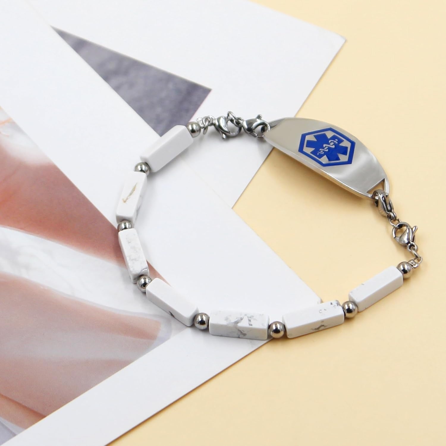 Dynamic QR Code Medical Alert Bracelet with Natural Stone Beads, Pink Stone Red Agate Black Agate White Turquoise, Stainless Steel Medical ID Bracelet, Double Lobster Clasp, No Engraving Required