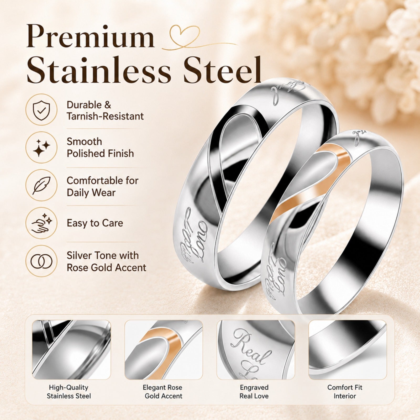 Matching Couple Rings Set for Him and Her, Stainless Steel Real Love Wedding Bands, Black Men Ring & Rose Gold Women Ring, Half Heart Promise Rings