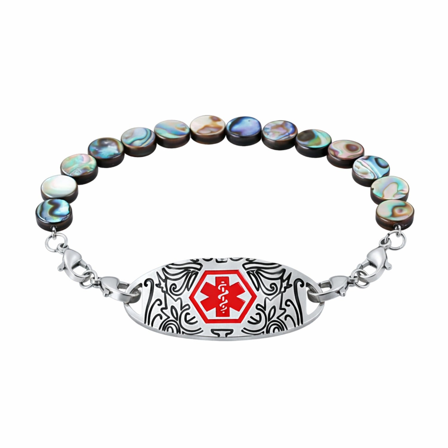 Dynamic QR Code Medical Alert Bracelet for Women | Round Abalone Shell Beads & Stainless Steel ID | Scan to Edit Emergency Info, Allergy & Diabetes ID Jewelry, Double Lobster Clasp, Adjustable