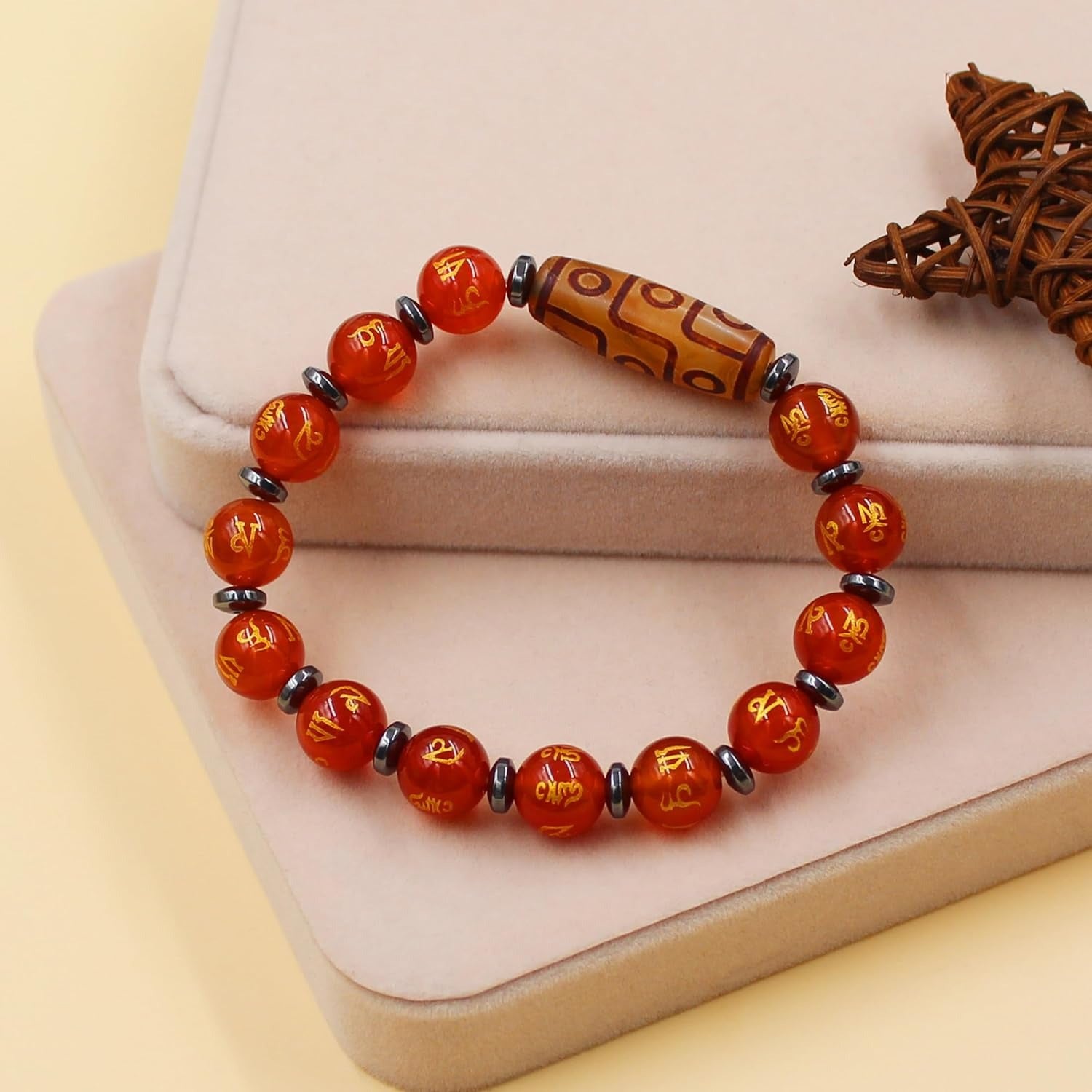 Nine Eyes Dzi Bead Bracelet with Tibetan Mantra Beads, Elastic Buddhist Beaded Bracelet for Men & Women, Green Red Brown Stone Stretch Bracelet for Meditation and Daily Wear