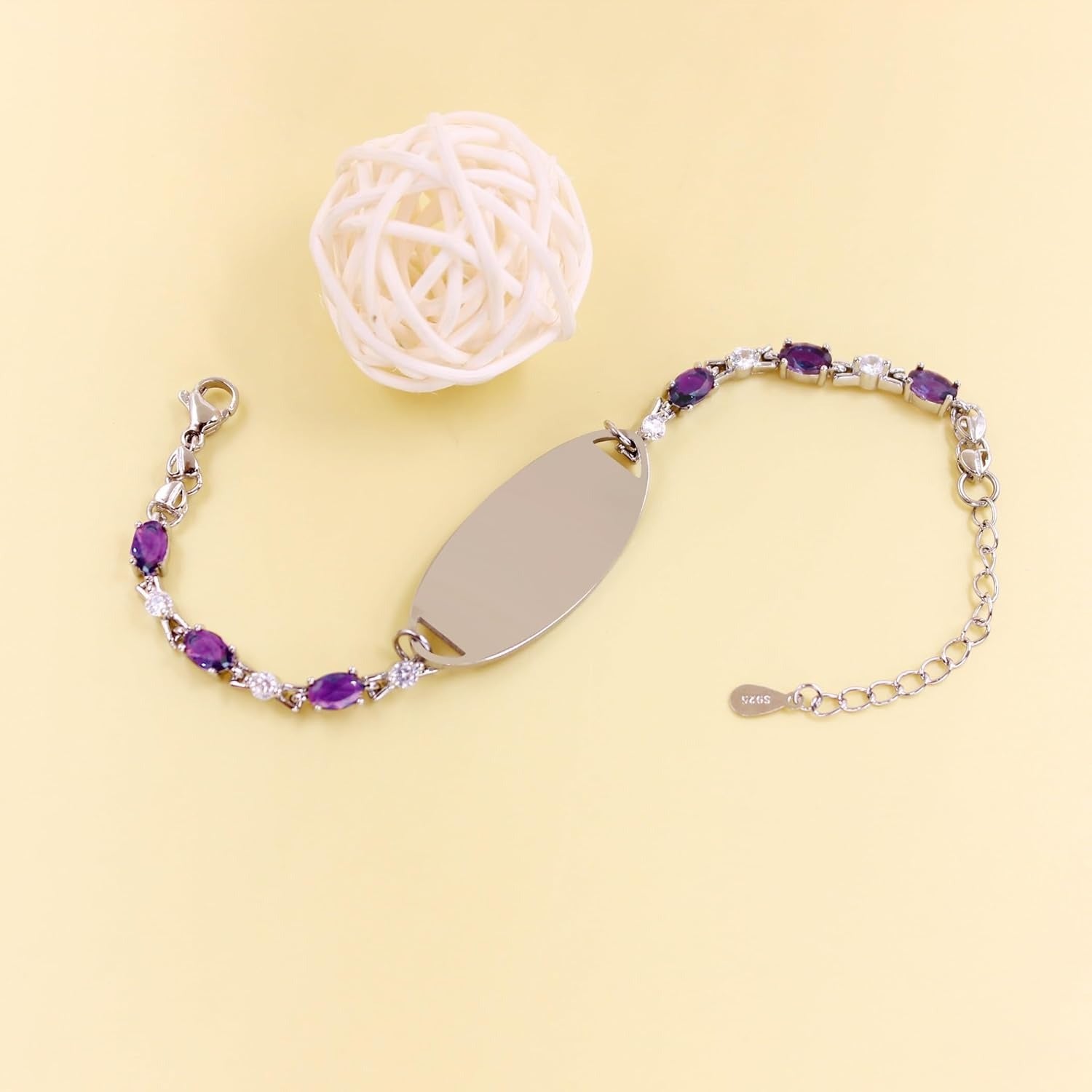 Purple Zirconia Medical Alert Bracelet for Women, Stainless Steel Medical ID Bracelet with Laser Engraved Custom Text, Lightweight Emergency Jewelry for Daily Sports Travel Wear