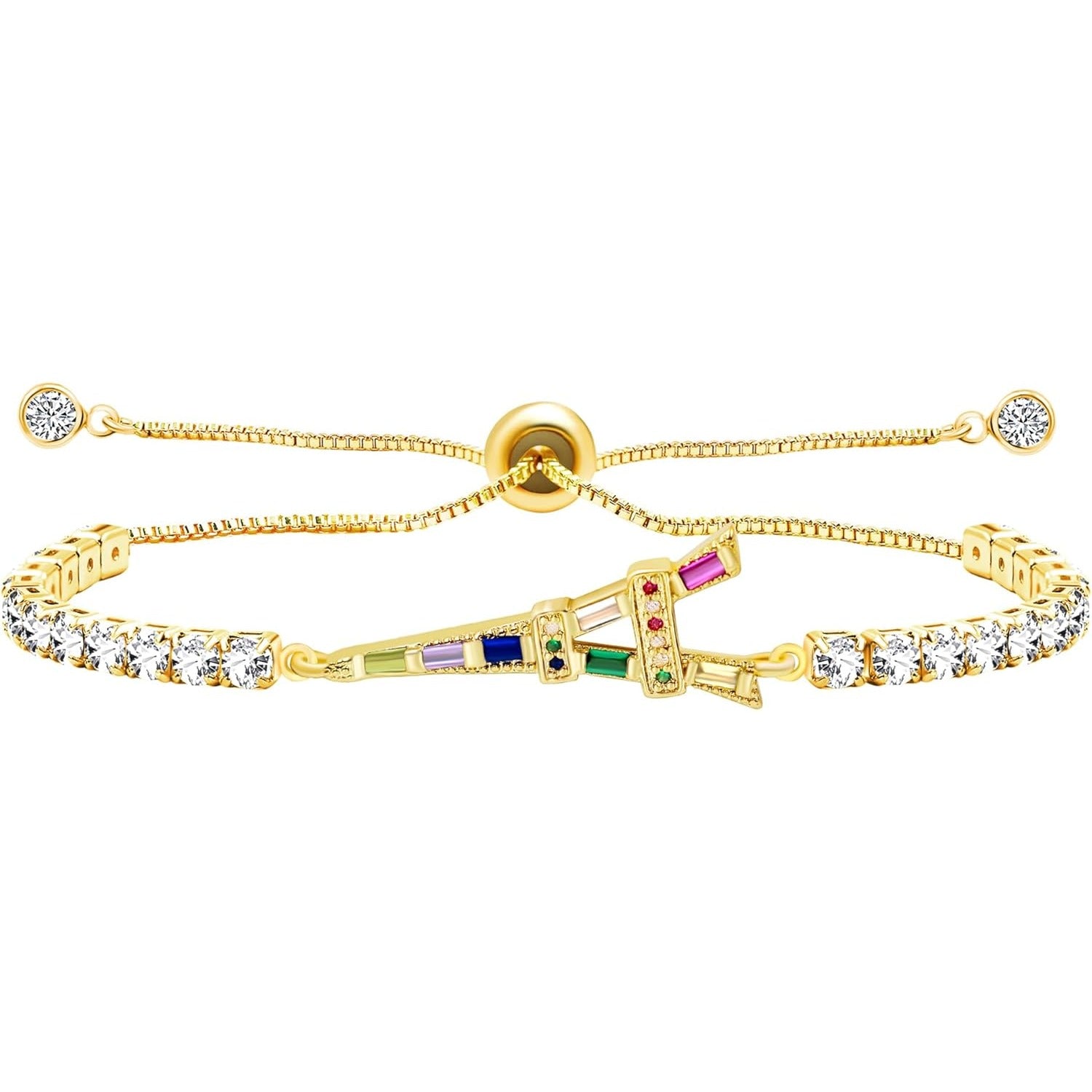 Elegant Eiffel Tower Tennis Bracelet with Multicolor CZ Charm, Golden Plated Adjustable Slider Chain Crystal Bracelet, Romantic Paris Jewelry Gift for Women Mom Daughter YA5691