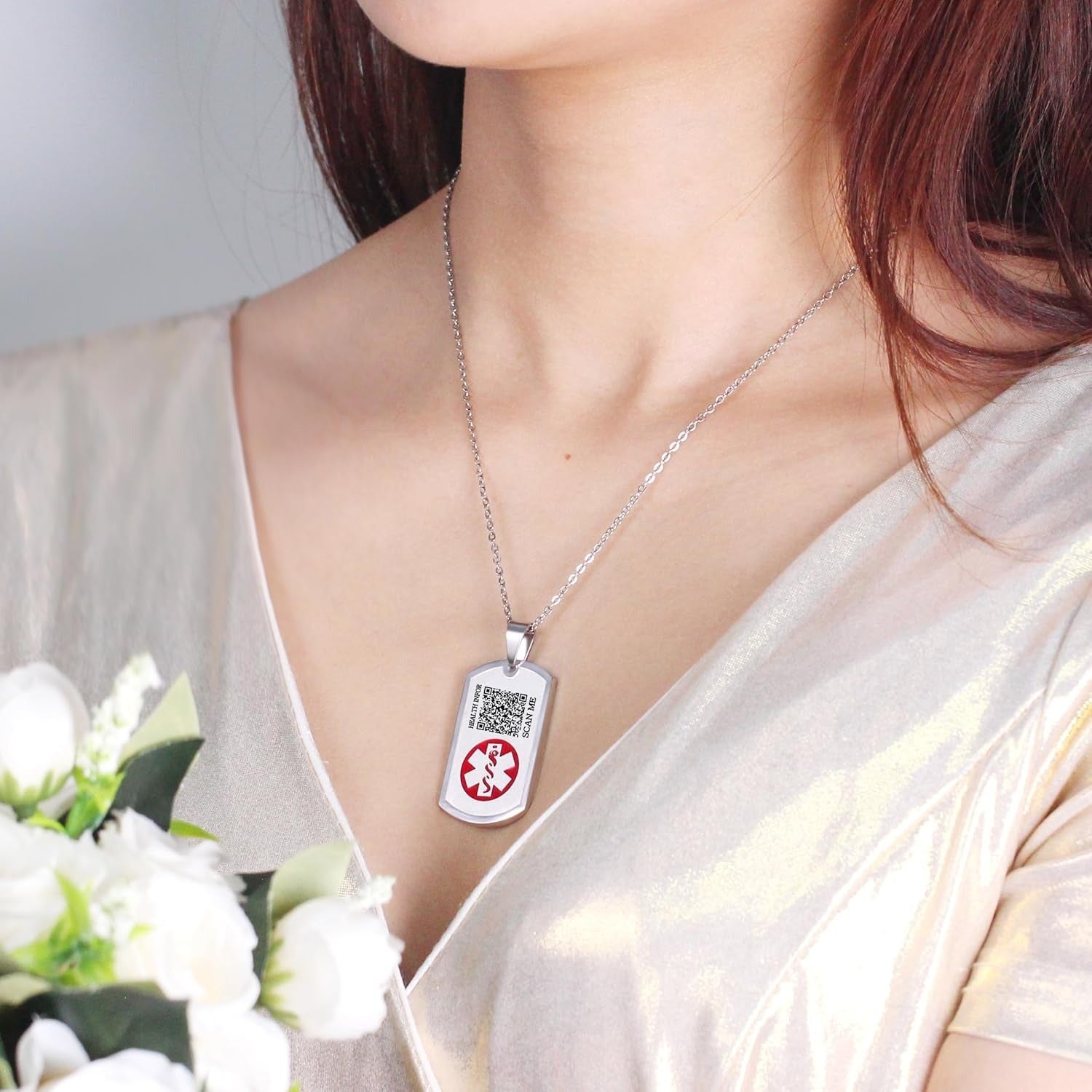 Uloveido Dynamic QR Code Medical Alert Necklace for Men & Women | Scan to Update Emergency Medical Info Stainless Steel SOS Dog Tag Pendant with Red Medical Symbol | No Engraving Required