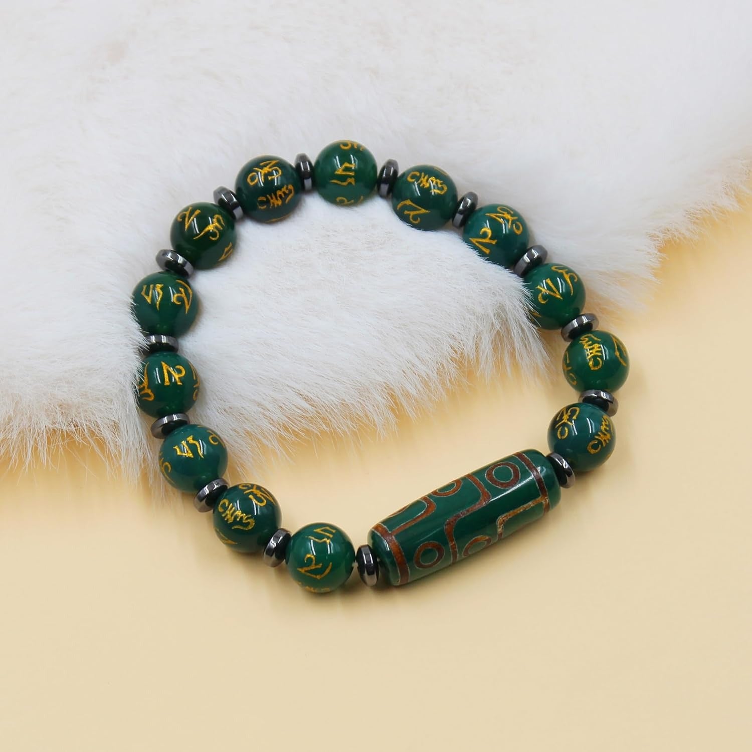 Nine Eyes Dzi Bead Bracelet with Tibetan Mantra Beads, Elastic Buddhist Beaded Bracelet for Men & Women, Green Red Brown Stone Stretch Bracelet for Meditation and Daily Wear